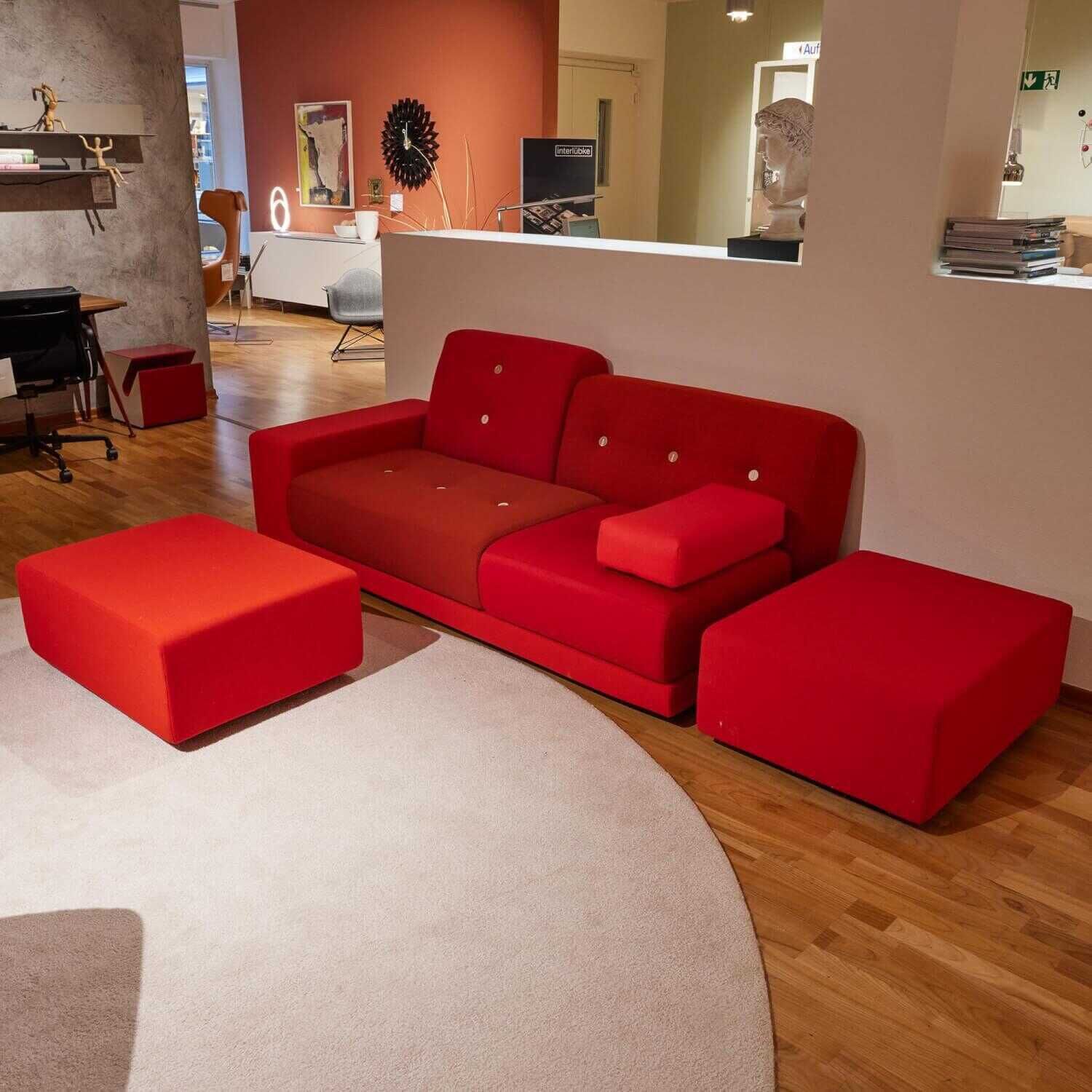 Sofa mit Ottoman Polder Stoffmix 01 Rot Mit 2 Hockern