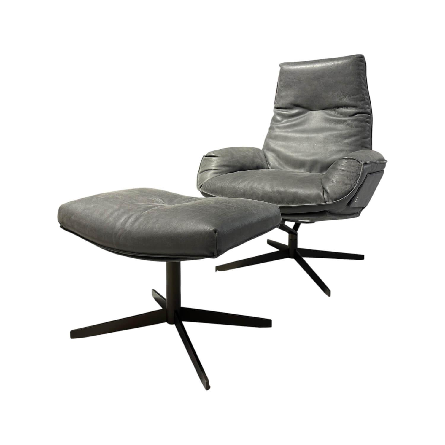 Bielefelder Werkstätten - Sessel Daron Leder Java Vulcano Grau Sternfuß Metall Bronze Matt Inklusive Hocker - 1