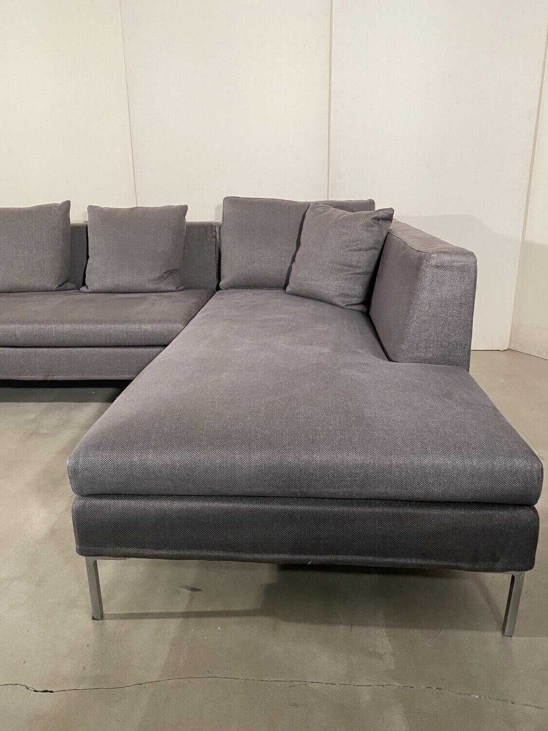 Sofa Egoista Stoff E Visone Grau Füße Aluminium Poliert mit Hocker und Kissen
