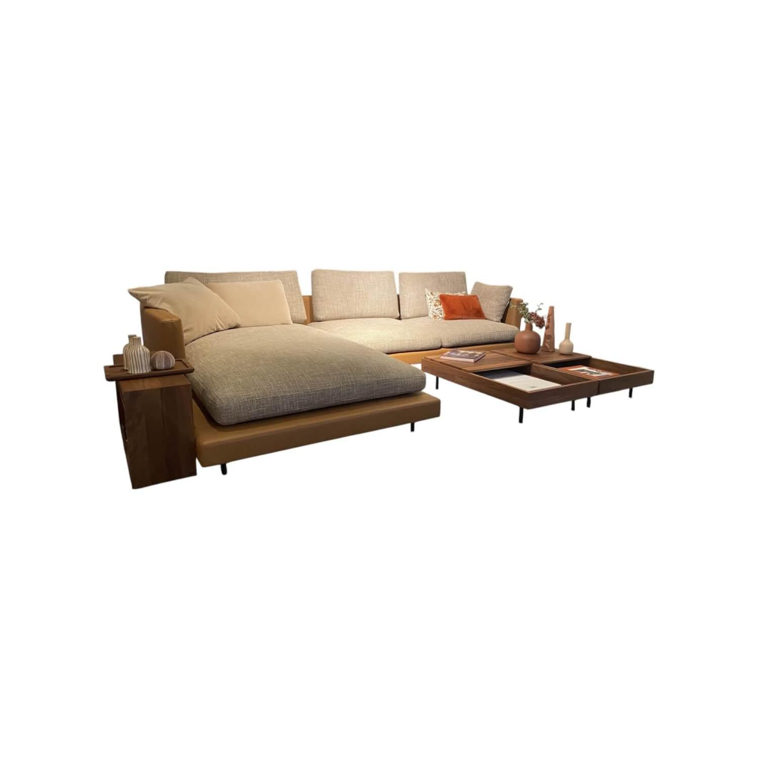 Rolf Benz - Ecksofa Sina Stoff 26 383 Sandgelb Beige Korpus Leder 38 111 Ockerbraun Füße Metall Verkehrsschwarz Inklusive Couchtisch Und Anstellregal - 1
