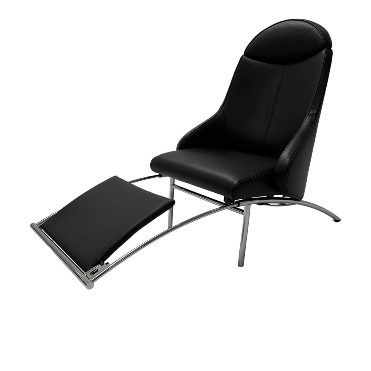 IP Design - Sessel Rocky Bezug Leder Galaxy Schwarz Untergestell Rundrohr Chrom Glanz Mit Ausziehbarer Fuß- Und Beinauflage - 1