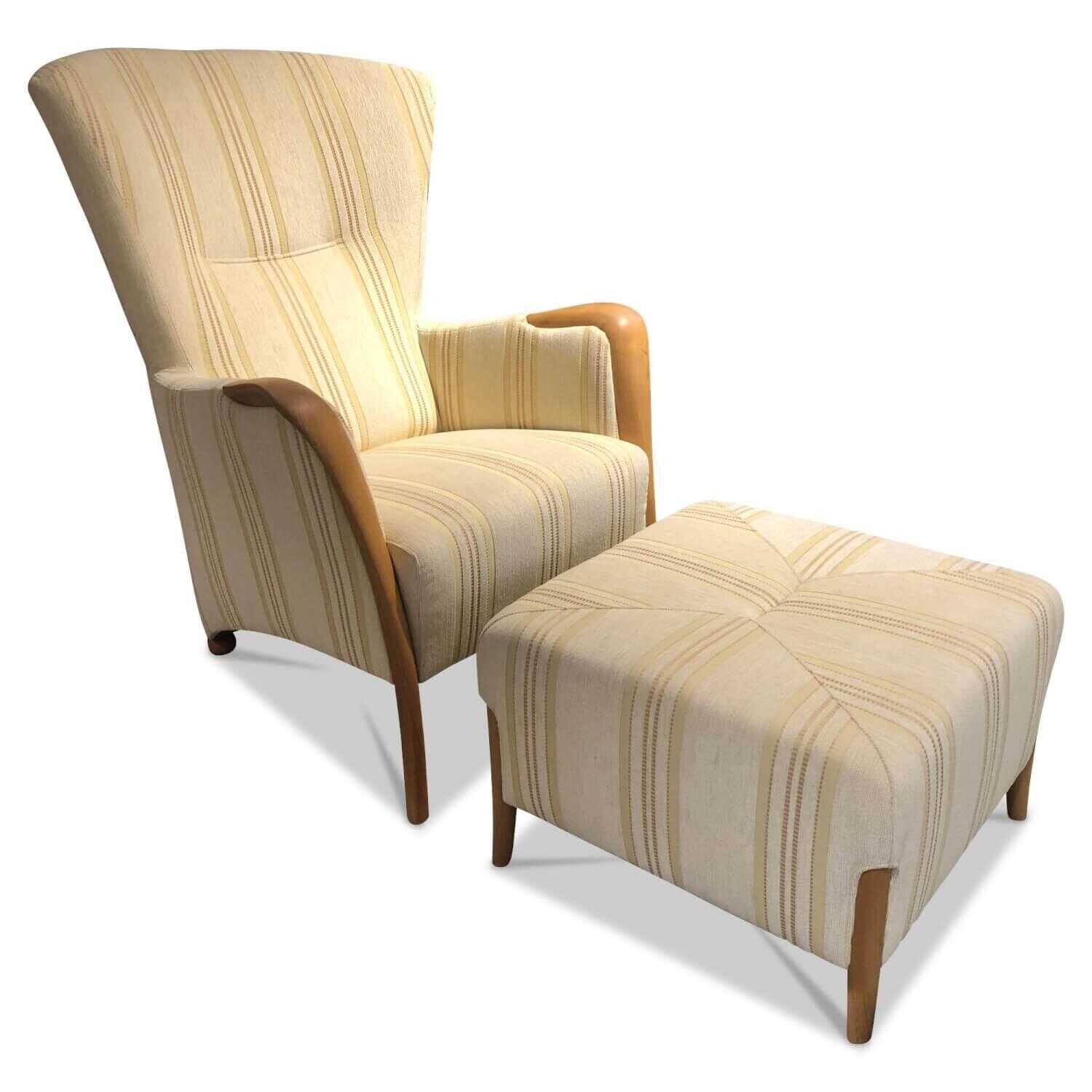 Wagner Living - Hochlehnsessel Palomino Stoff Classic Streifen Beige Gelb mit Hocker - 1