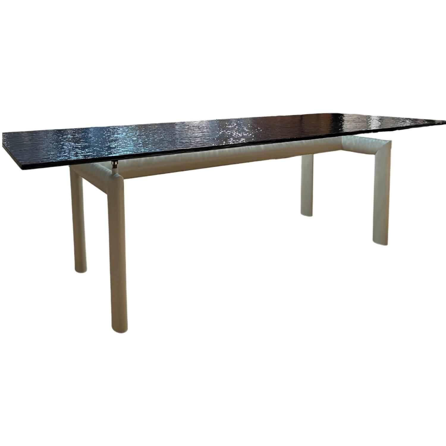 Tisch LC 6 Platte Riffelglas Aquamarine Blau Untergestell Stahl Ivory Enamel Lackiert