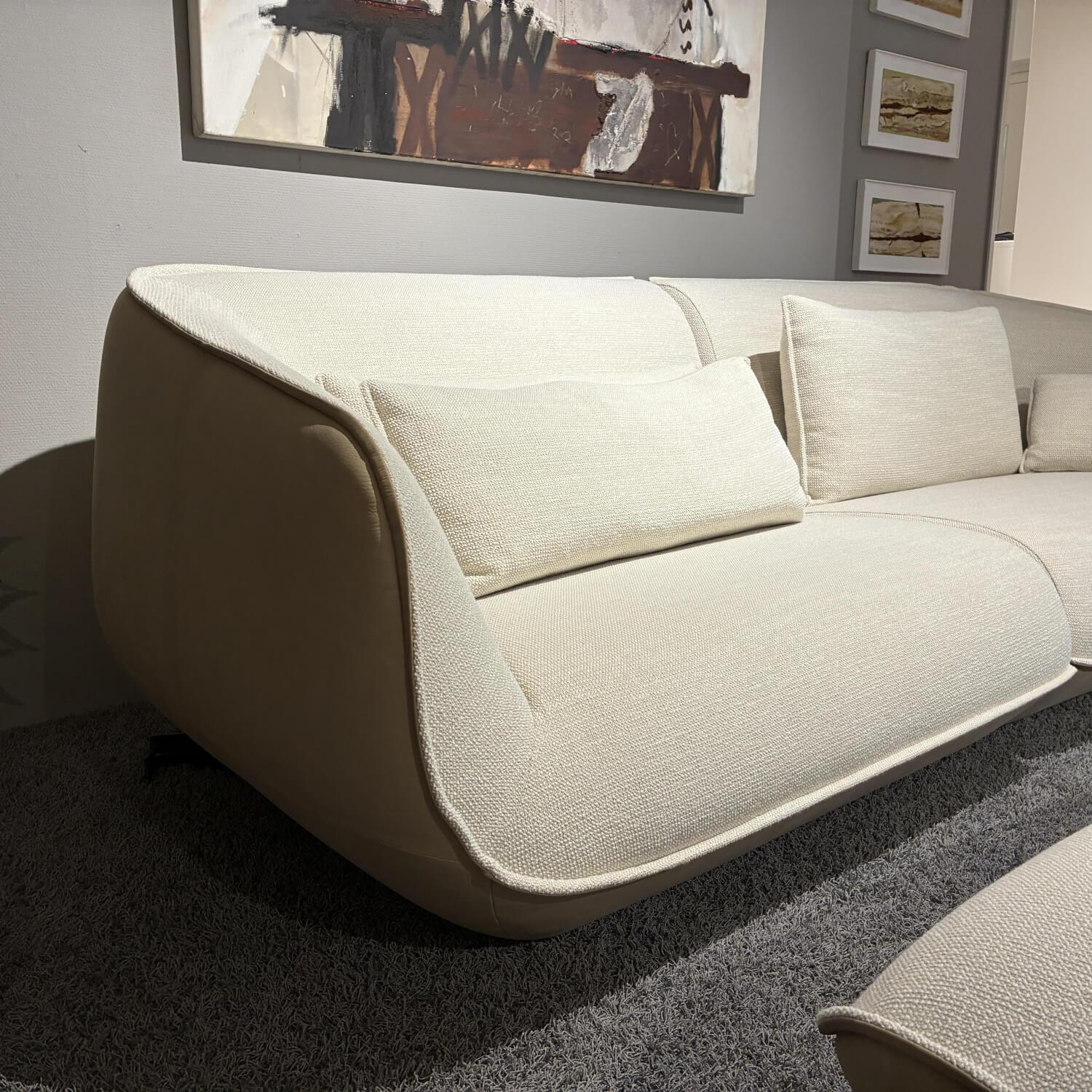 COR - Sofa Nook Sitz Stoff 8190 Woll Weiß Außen Leder 420 Sand Beige Füße Kunststoffgleiter mit Hocker Und Kissen - 6