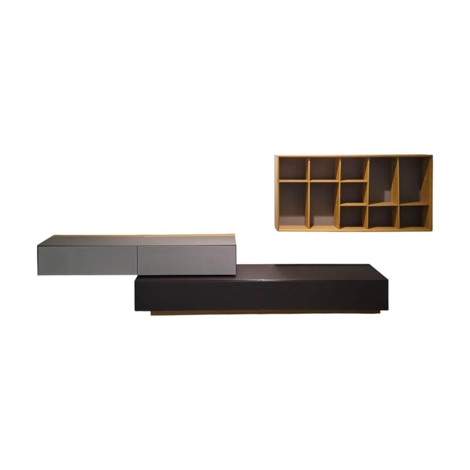 Mobilari - Wohnwand Cubus Pure Eiche Massiv Farbglas Grau Und Dunkelbraun - 1