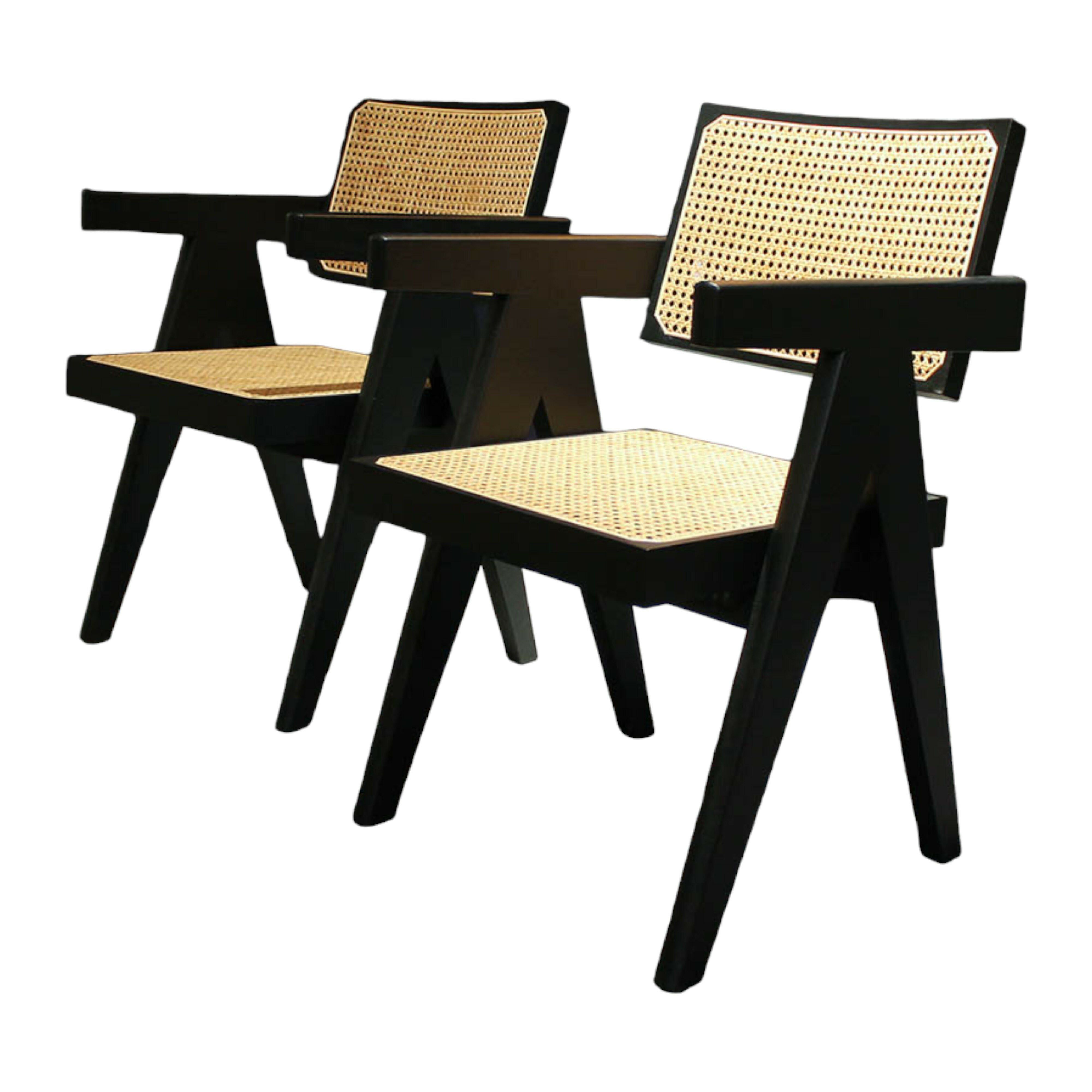 Cassina - 2er-Ser Stuhl Office Chair 051 Spanisches Rohrgeflecht Gestell Massivholz Eiche Schwarz - 1