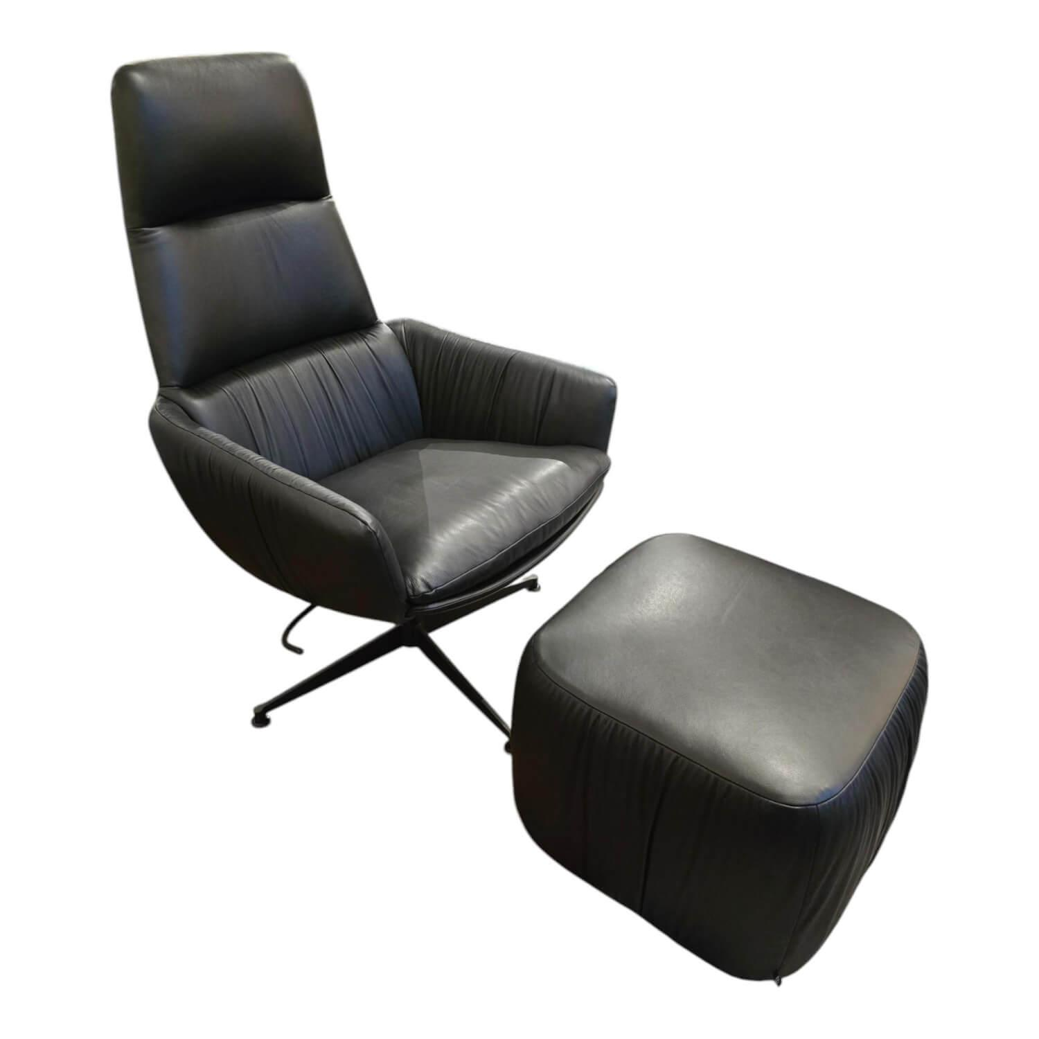 KFF - Sessel Faye Casual Lounge Leder Sauvage 8105 Schwarz Gestell Metall Schwarz M02 Mit Kunststoffgleitern Inklusive Hocker - 1