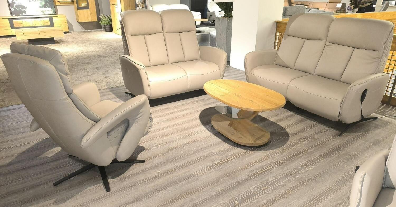 Hukla - Polstergarnitur Havanna Leder Credo Pearl Grau Beige Gestell Metallkufe Schwarz Inklusive Kissen - 3