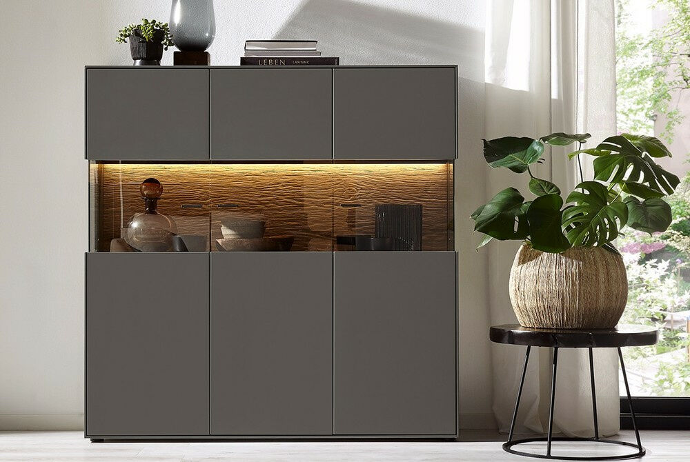 Natura - Highboard Tucson 4333LL Front Und Korpus Lack Natura Graphitgrau Grau Rückwand Spalteiche Mit Beleuchtung - 3