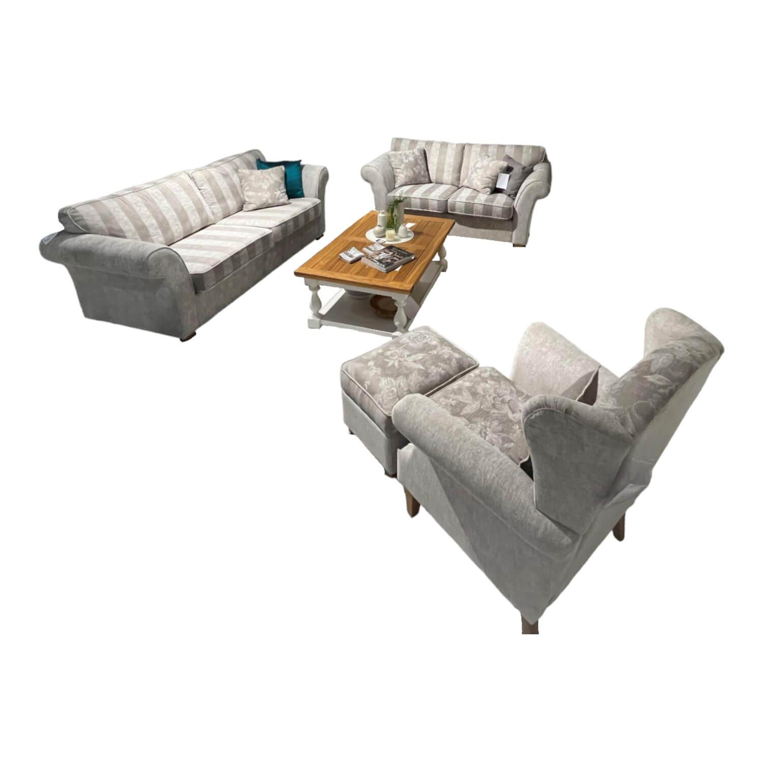 Natura - Garnitur Lebensart Brunswick Romantic Stoff Dagano Uni Beige Grau Oder Dagano Beige Grau Blümchen Sitz- Und Rückenkissen Dagano Beige Gestreift Füße Eiche Natur Geölt - 1