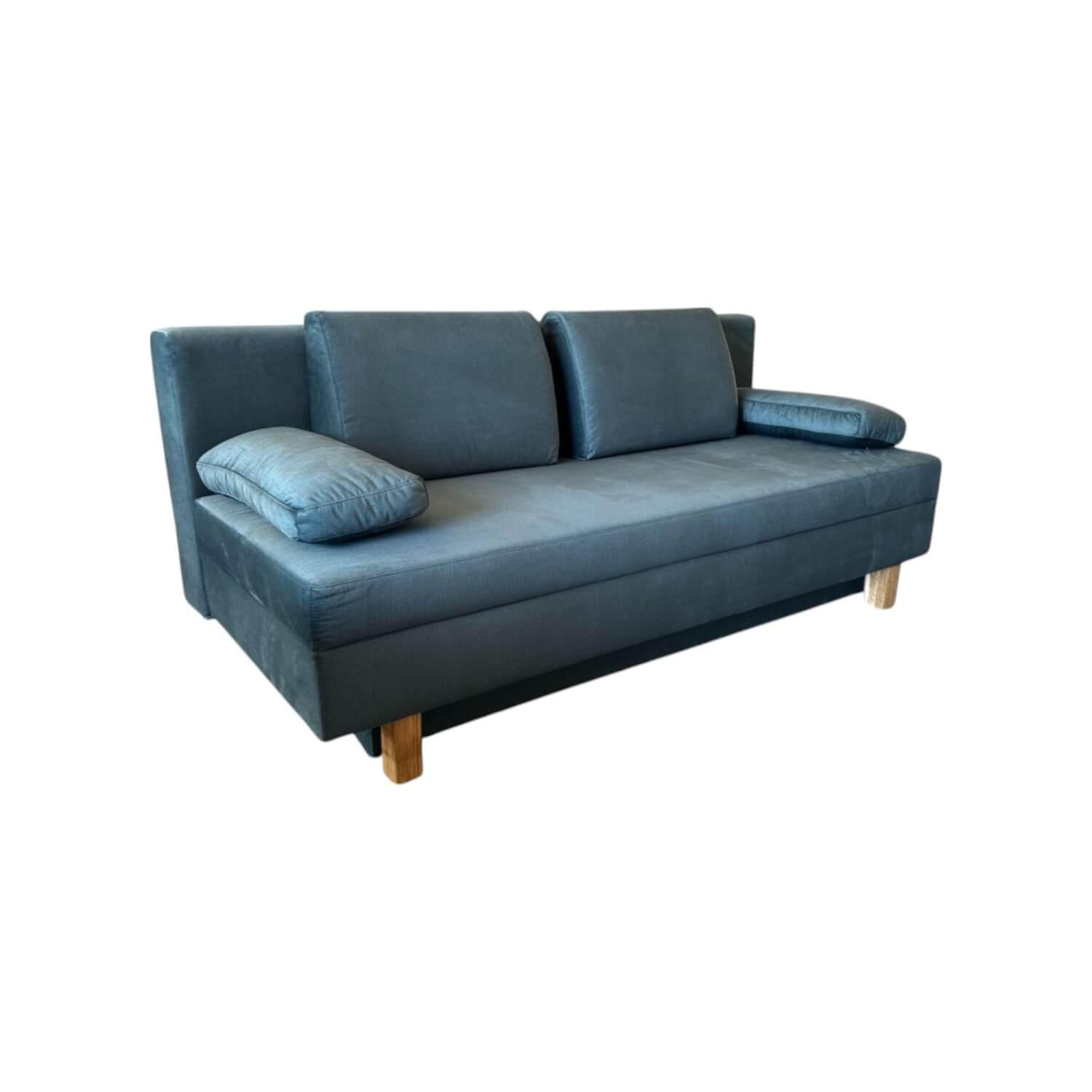 Eigene Herstellung - Schlafsofa Stoff Velour Petrol Blau Gestell Eiche Hell Mit Bettkasten - 1