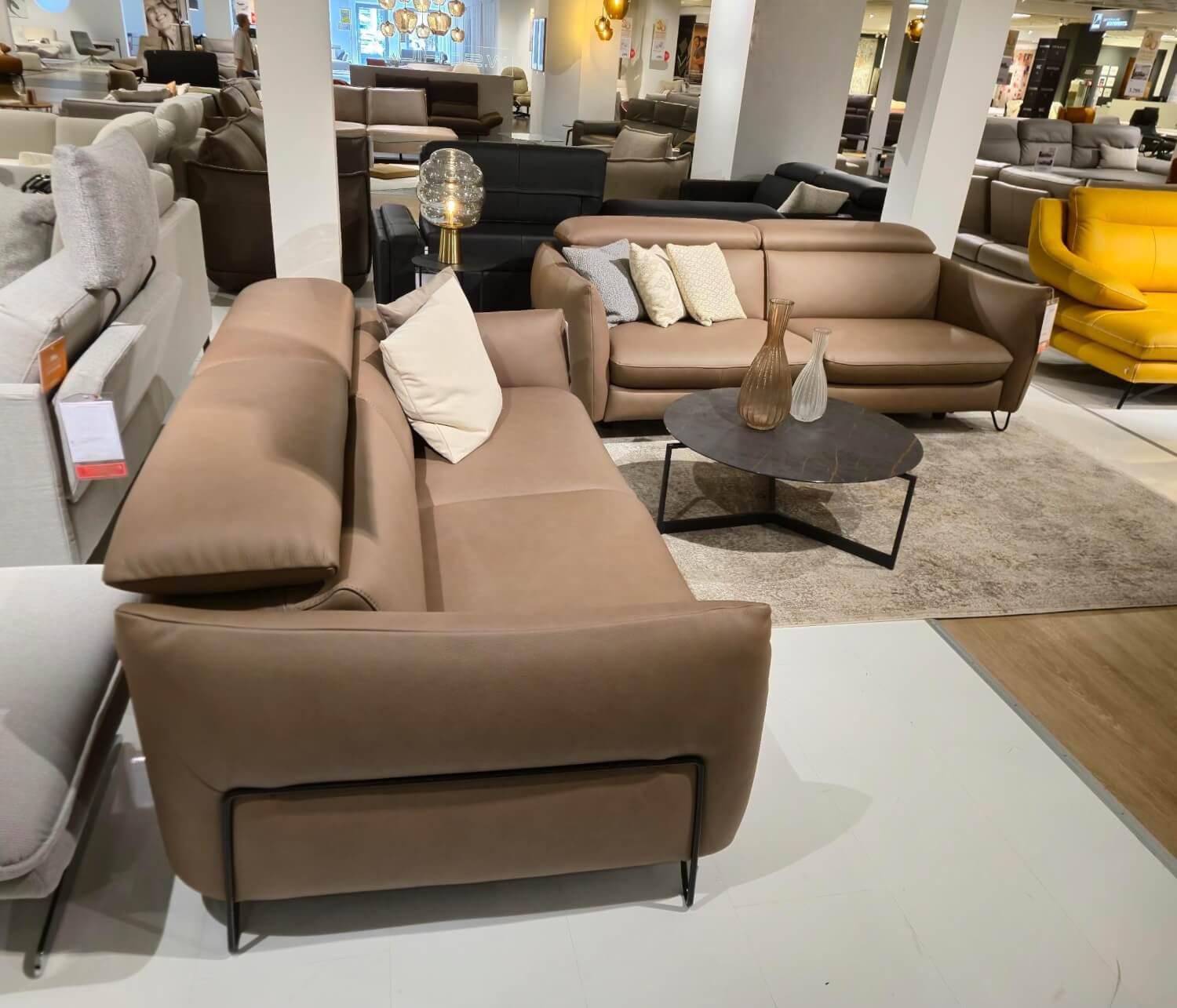 Calia Italia - Polstergarnitur 2er Set Sofa Confetto Leder Nature Terra 74 Braun Metallfuß Schwarz Matt Mit Relaxfunktion - 8