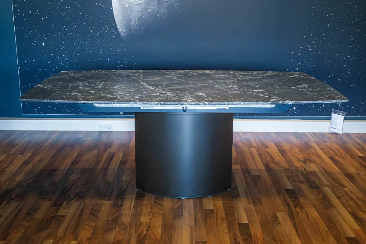 Draenert - Esstisch Adler Platte Stein Valentine Grey Grau Geledert Sockel Metall Dunkelbronze Mit Auszug - 5