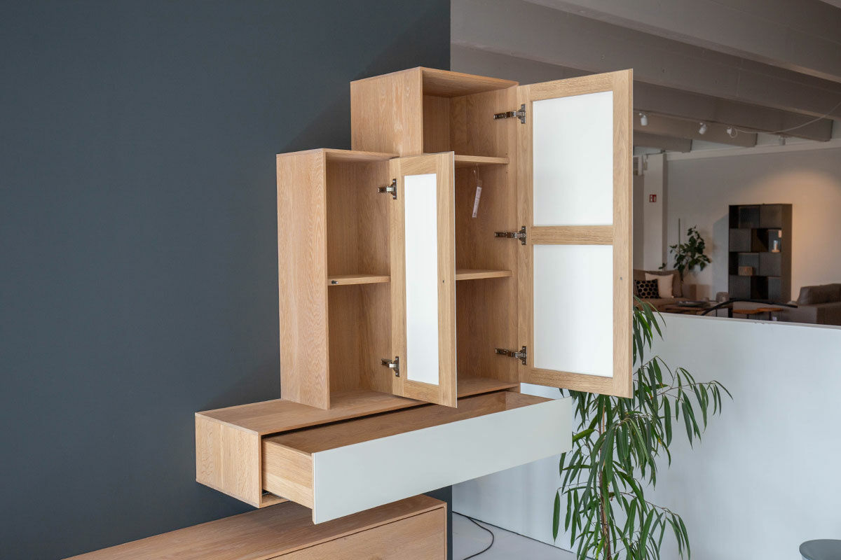 Rodam - Wohnwand Sigma Eiche 132 Harena Geölt Türen Glas Weiß Satinato - 5