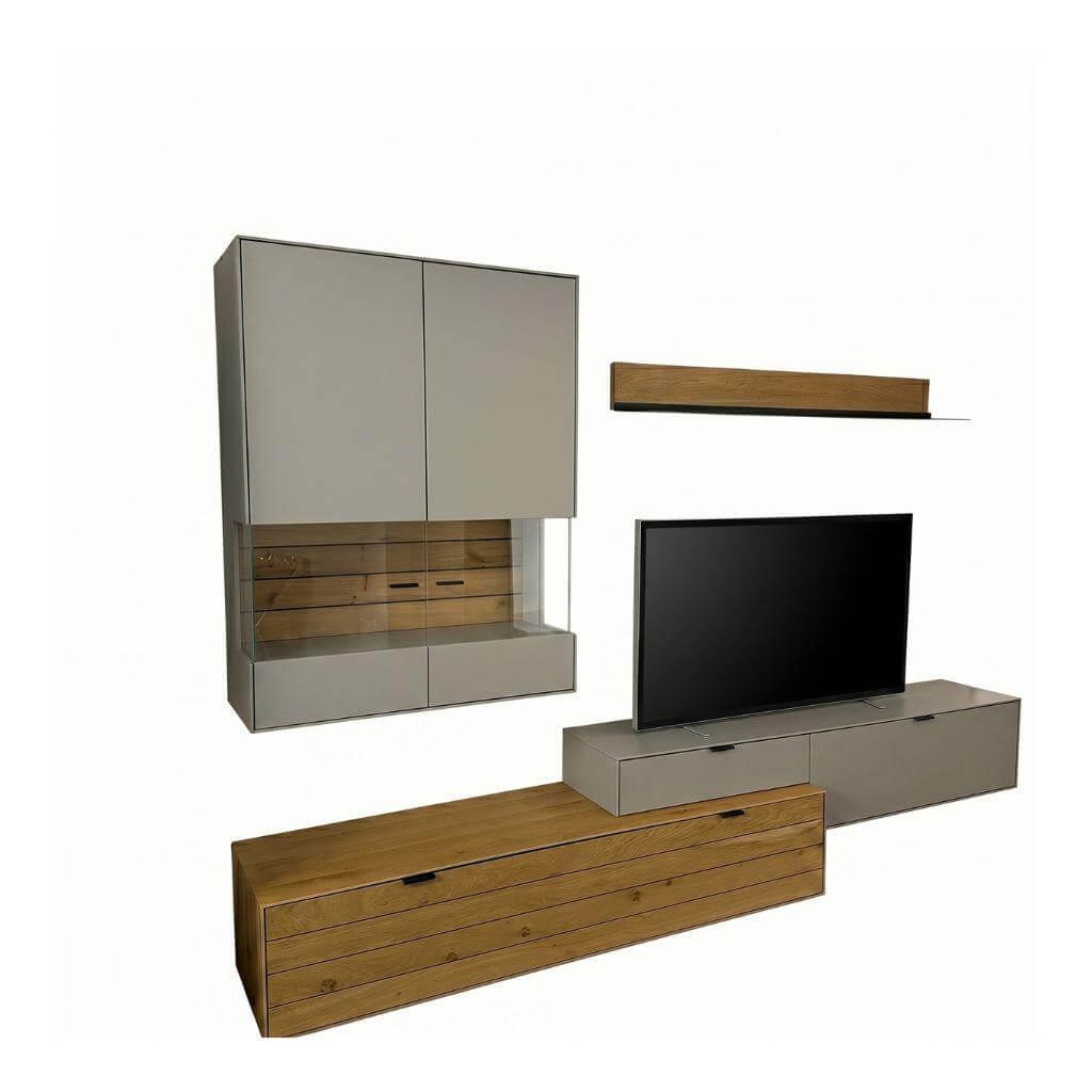 Wöstmann - Wohnwand WM 2380 Lack Samtgrau Holz Balkeneiche Und Wildeiche Massiv Mit Beleuchtung - 1