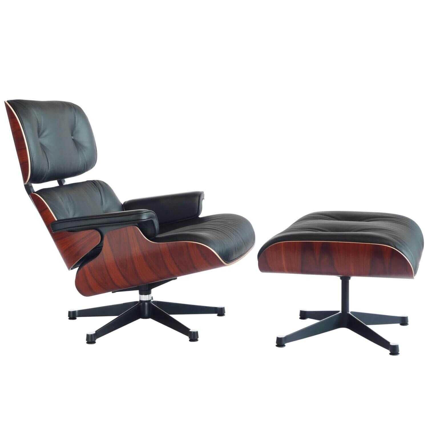 Sessel Lounge Chair  Leder Premium Schwarz Nero Palisander mit Ottomane neue Maße