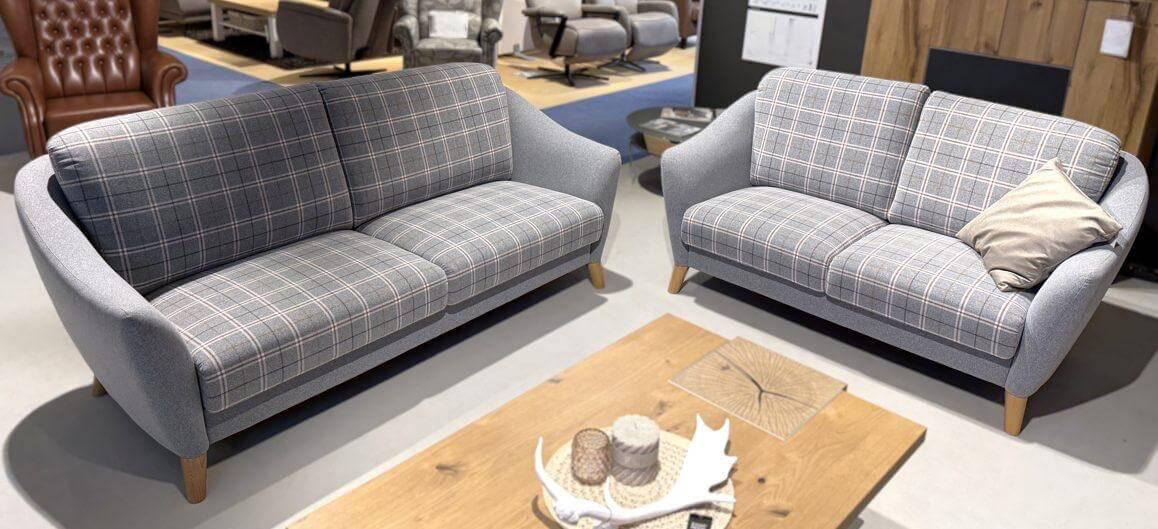 Schröno - 2er-Set Sofa Seefeld Stoff 651801 Grau Kariert Füße Eiche Massiv Natur Inklusive Sessel - 2