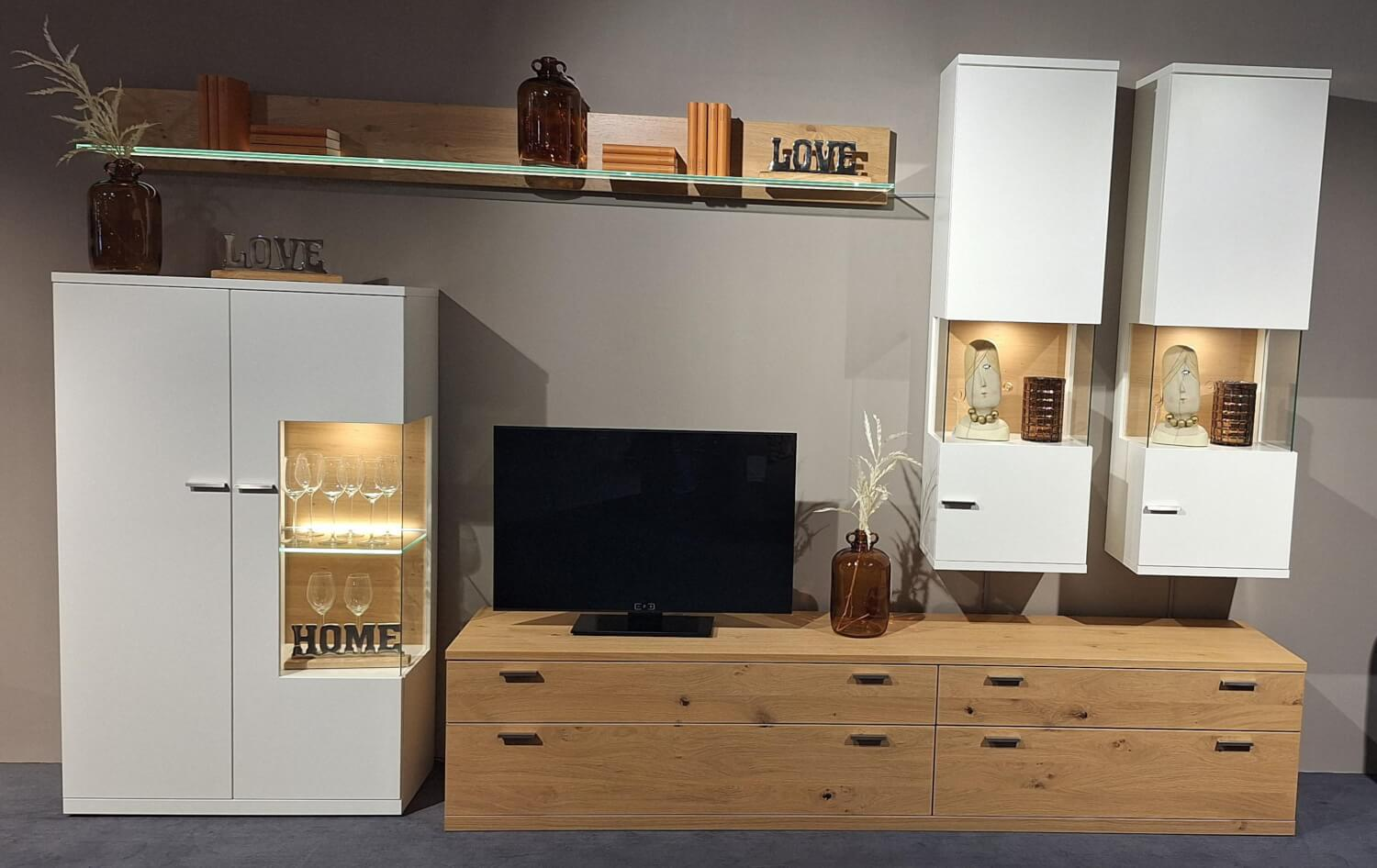 Rietberger Möbelwerke - Wohnwand Lodano Lack Weiß Matt Asteiche Furniert - 13