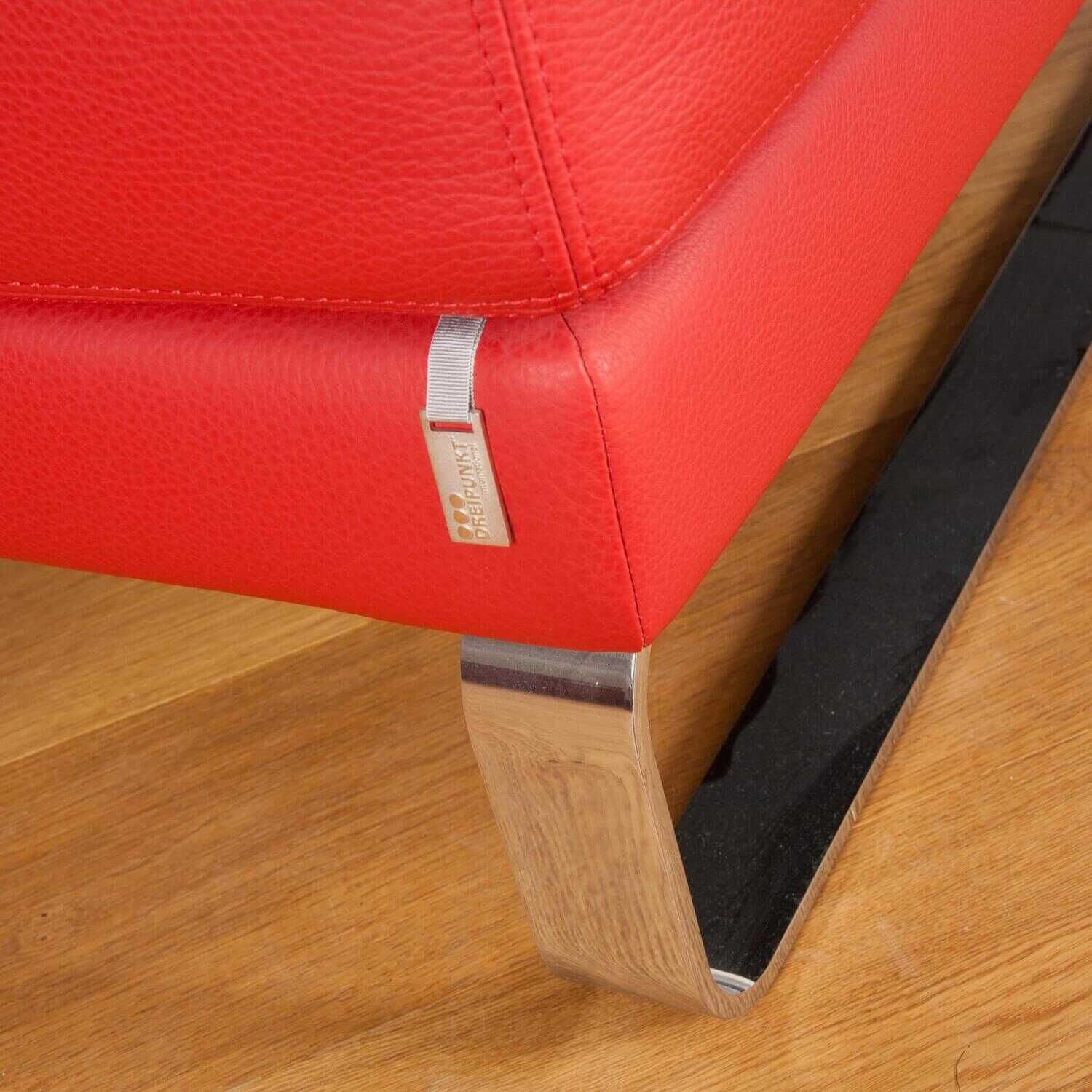 Sofa Leder Rosso Rot Gestell Metall Verchromt mit Hocker