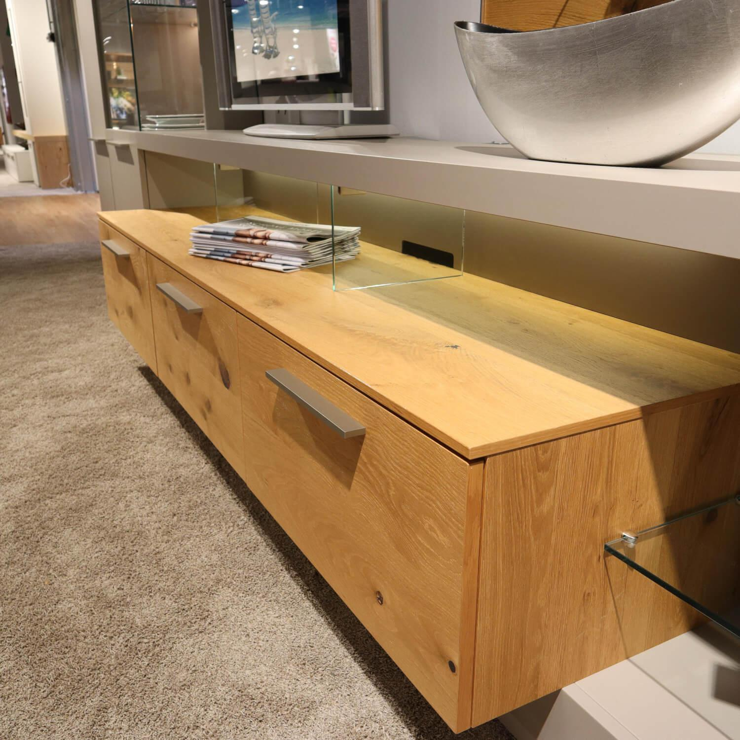 Gwinner - Wohnwand Braviso Lack Seidenmatt Fango Akzente Balkeneiche Honig Griff Edelstahlfarben - 11