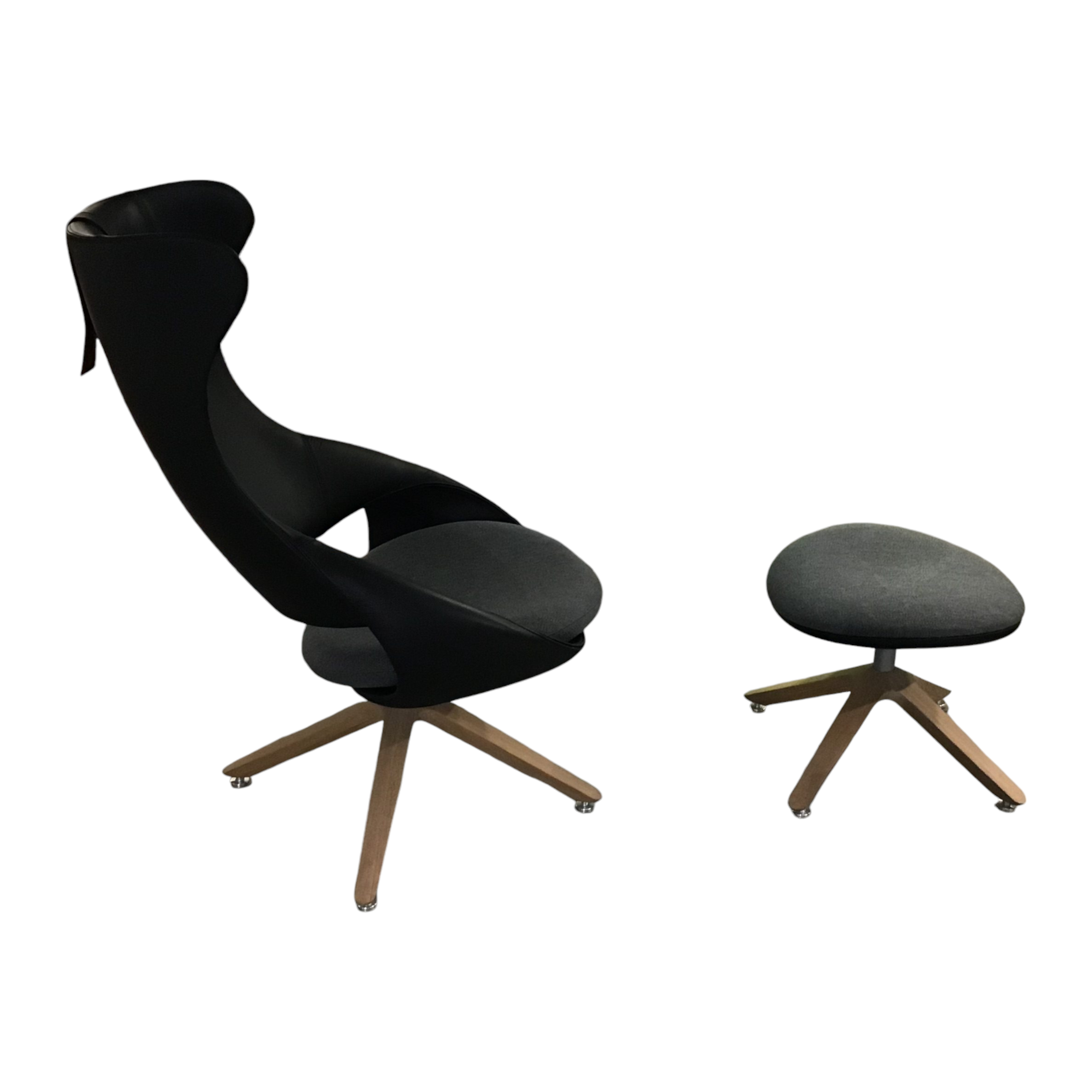 Voglauer - Ohrensessel V-Cube Sitz Textilgewebe Curl Steel ID337 Anthrazit Schale Leder Schwarz Drehgestell Wildeiche Mit Hocker - 1