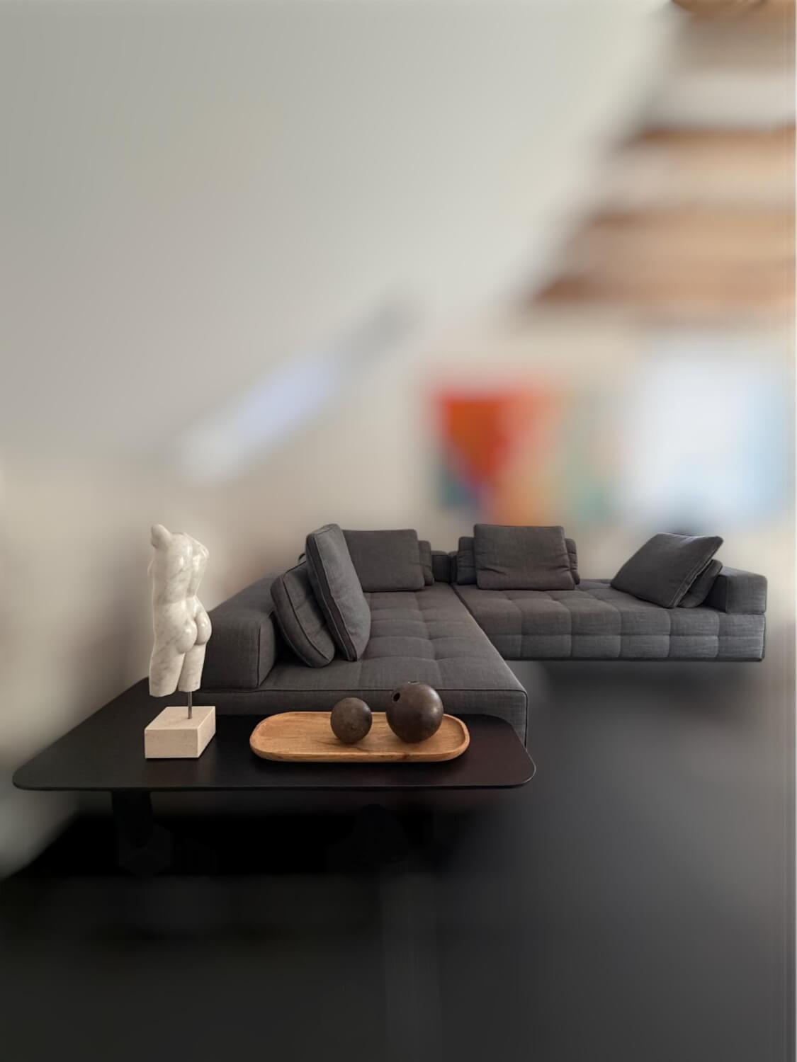 Minotti - Ecksofa Lawrence Clan Stoff Shibuya 15 Fumo Grau Gestell Massivholz mit 2 Eckkonsolen - 5