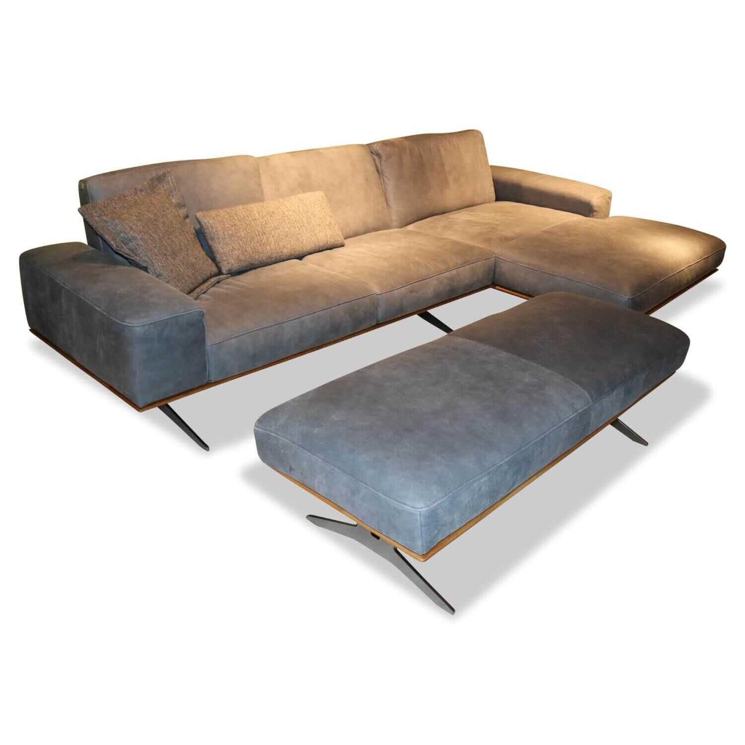 Koinor - Ecksofa Hiero Leder A-India Mare Blau Füße Schwerkufe Metall Nickel Satinier mit Hocker - 1