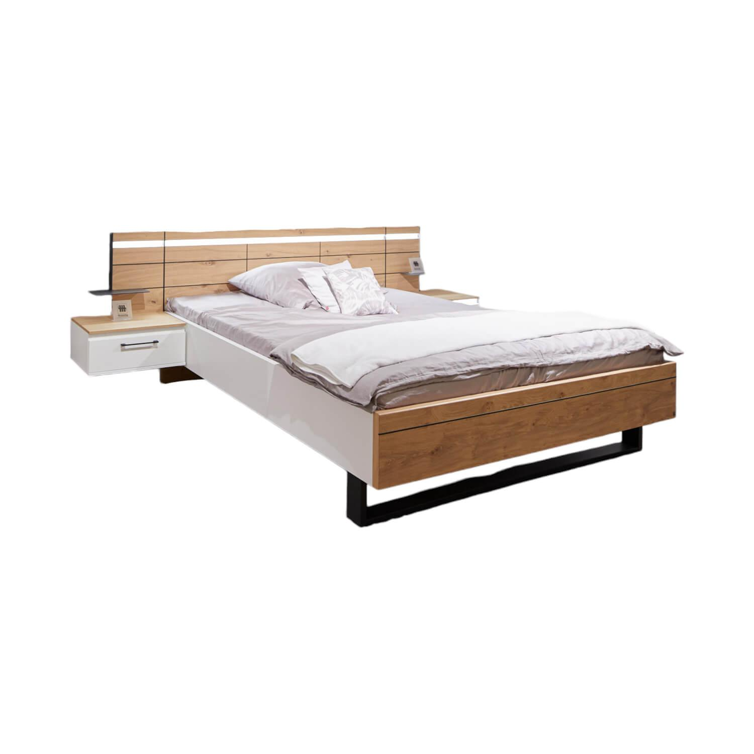 Schlafzimmer Madiva Lack Weiß Balkeneiche Echtholz Furniert Bauchbinde Mit LED Beleuchtung Ohne Matratze Und Lattenrost