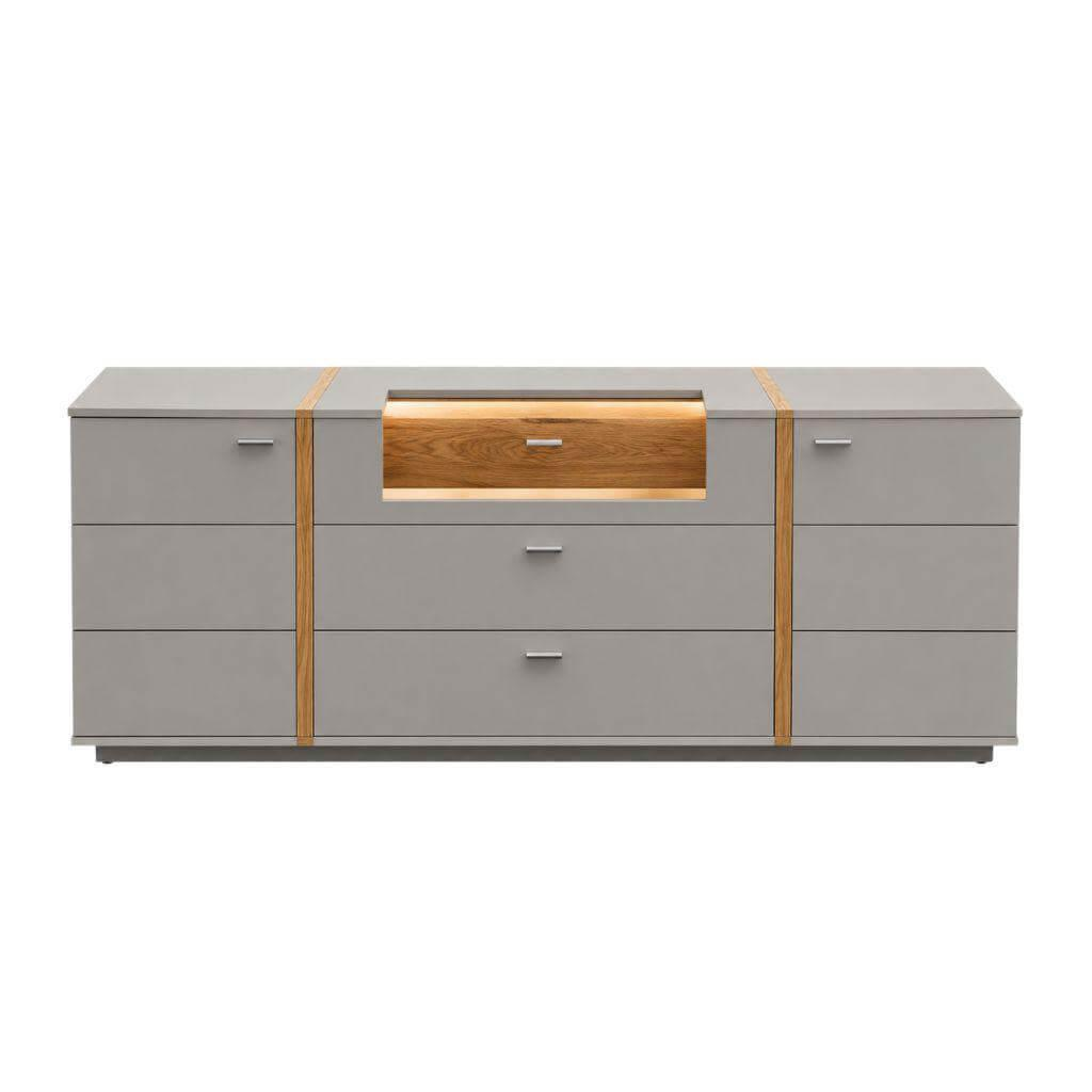 MCA Furniture - Sideboard Sevilla Lack Arktis Grau Holzspange Eiche Furniert Parsolglas Grau Metallgriffe Nickel Matt Inkl. Beleuchtung - 1