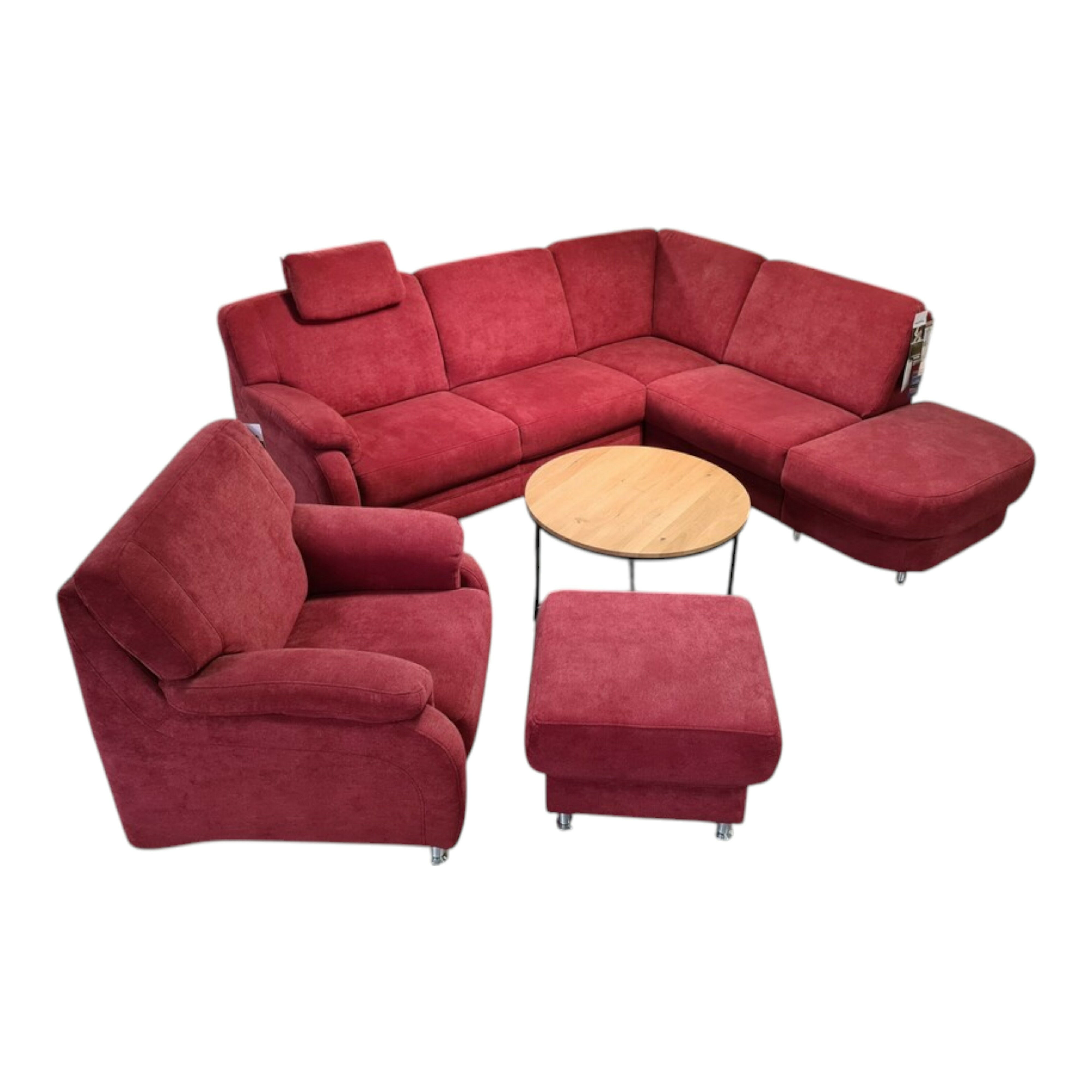 Zehdenick - Polstergarnitur KS 4975 Stoff Charly Red Rot Fuß Metall Alufarbig Silber Inklusive Hocker - 1
