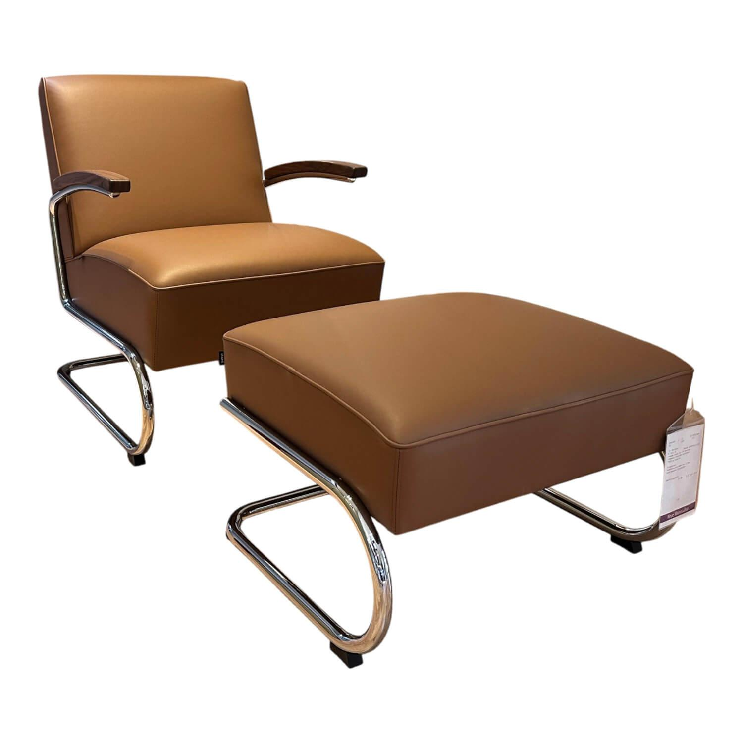 Thonet - Sessel S 411 Leder Linea 608 Marrone Braun Gestell Stahlrohr Verchromt Auflage Nussbaum Geölt Inkl. Hocker - 1