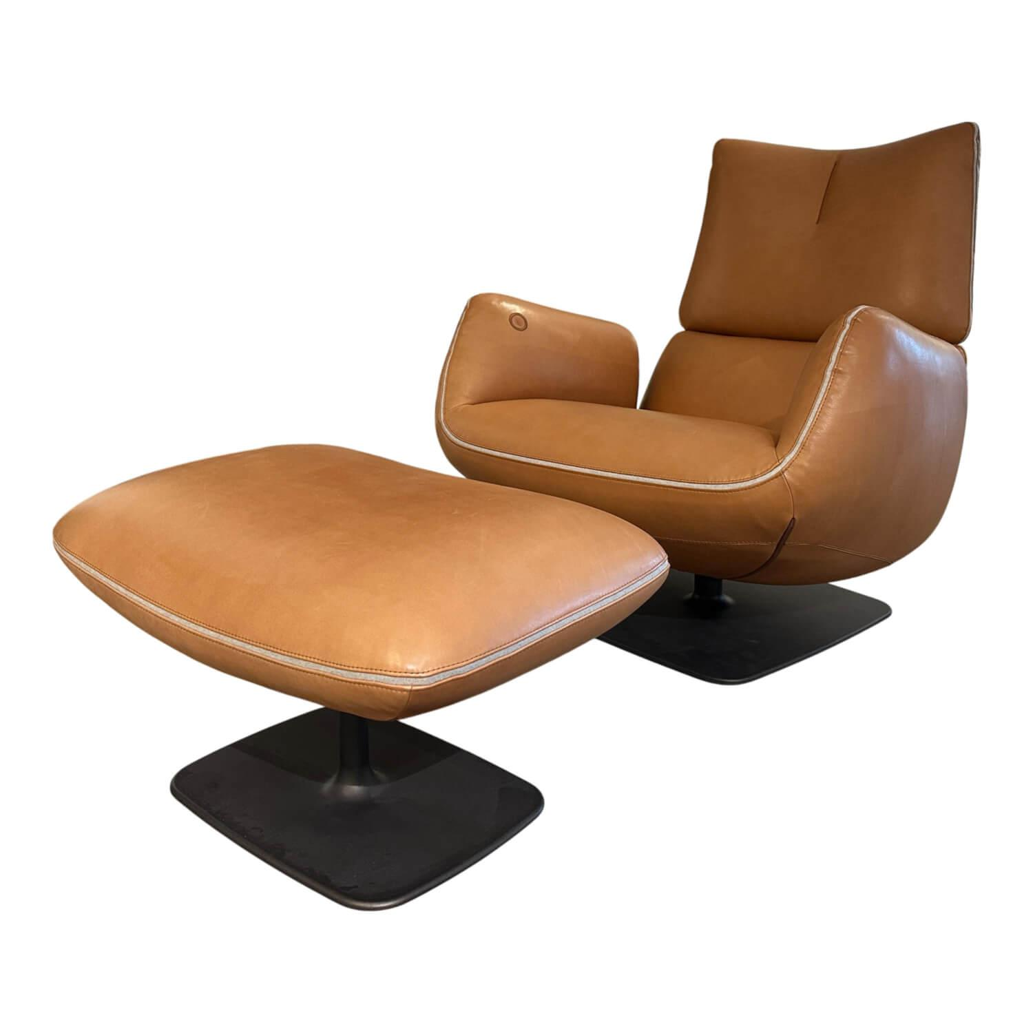 COR - Drehsessel Jalis Lounge Leder Puro Cognac Braun Tellerfuß Graubraun mit Hocker - 1