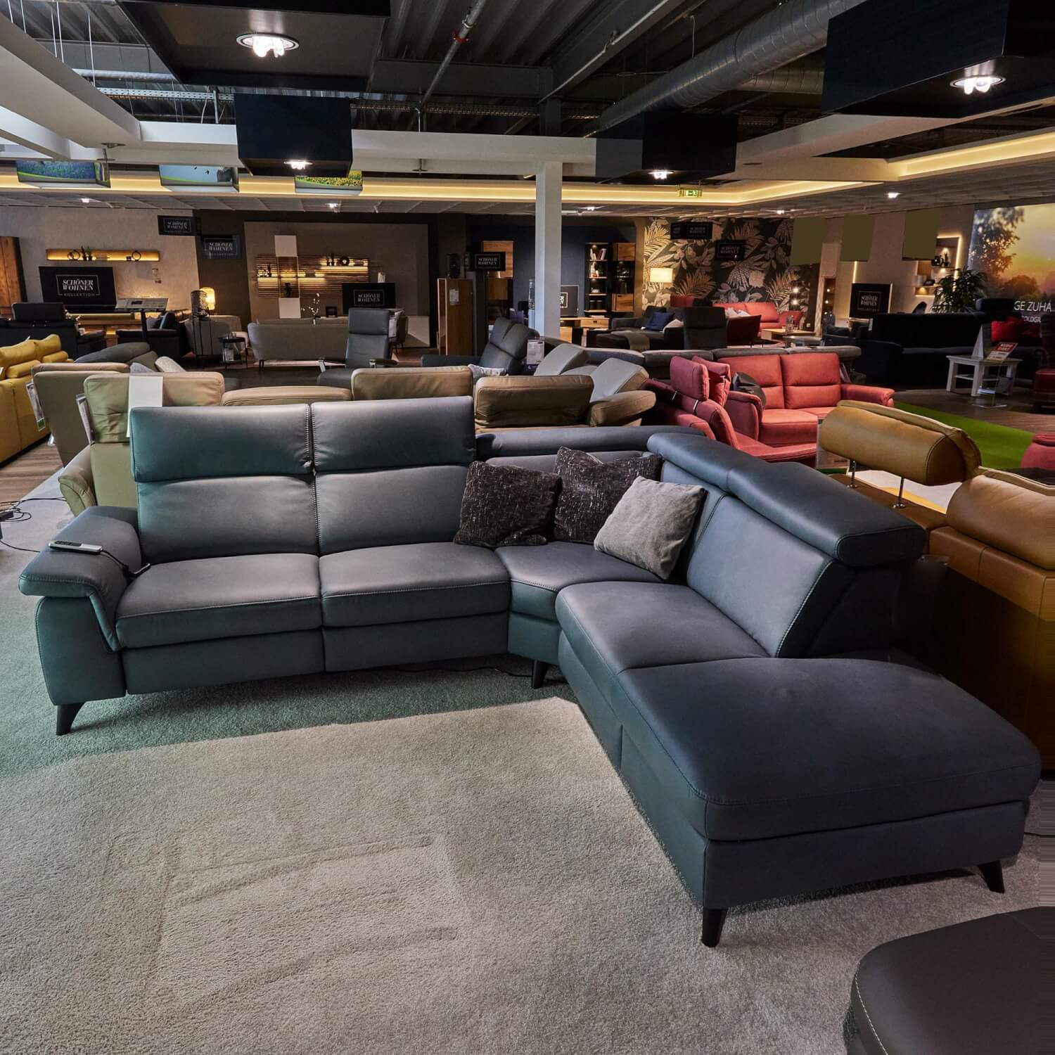 Steinpol - Eckgarnitur Relaxa 6.0 Plus Bezug Leder Longlife Evita Greyblue Füße Chrom Schwarz - 6