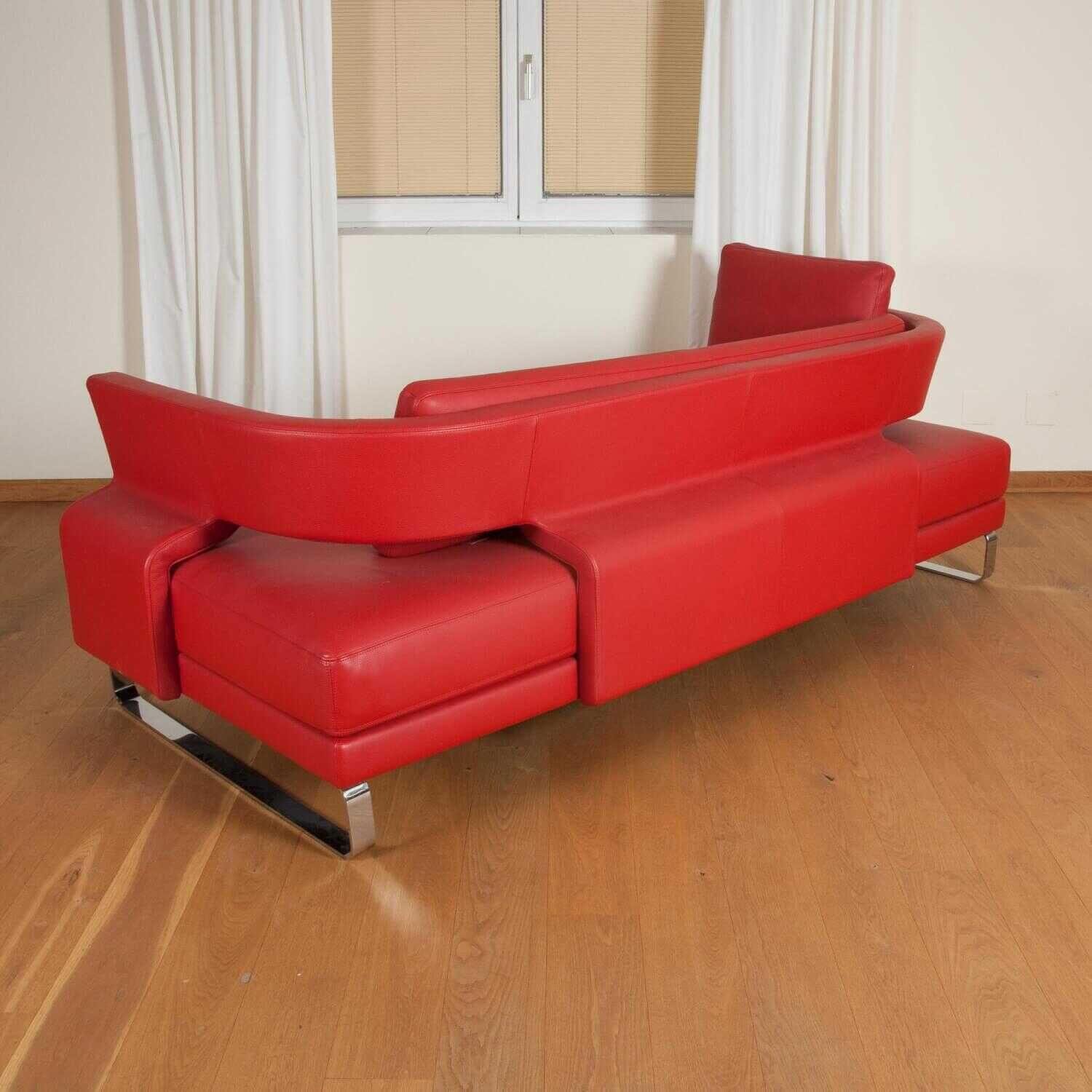 Sofa Leder Rosso Rot Gestell Metall Verchromt mit Hocker