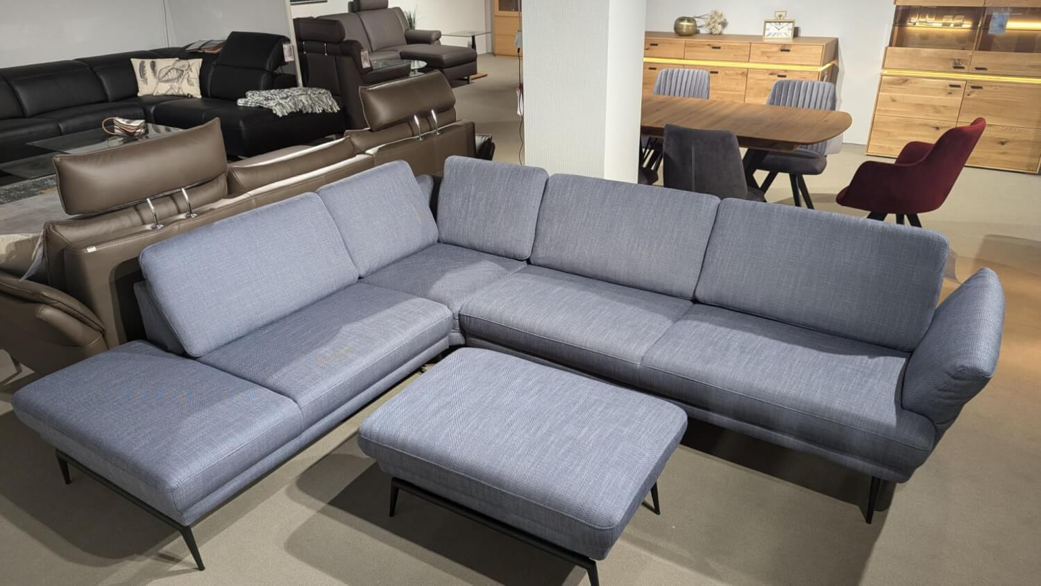 Gruber - Ecksofa Caruba Stoff Elsass Blau Gestell Aluminium Füße  Pulverbeschichtet Aluminium Schwarz Mit Manuellen Verstellungen Inklusive Hocker - 3