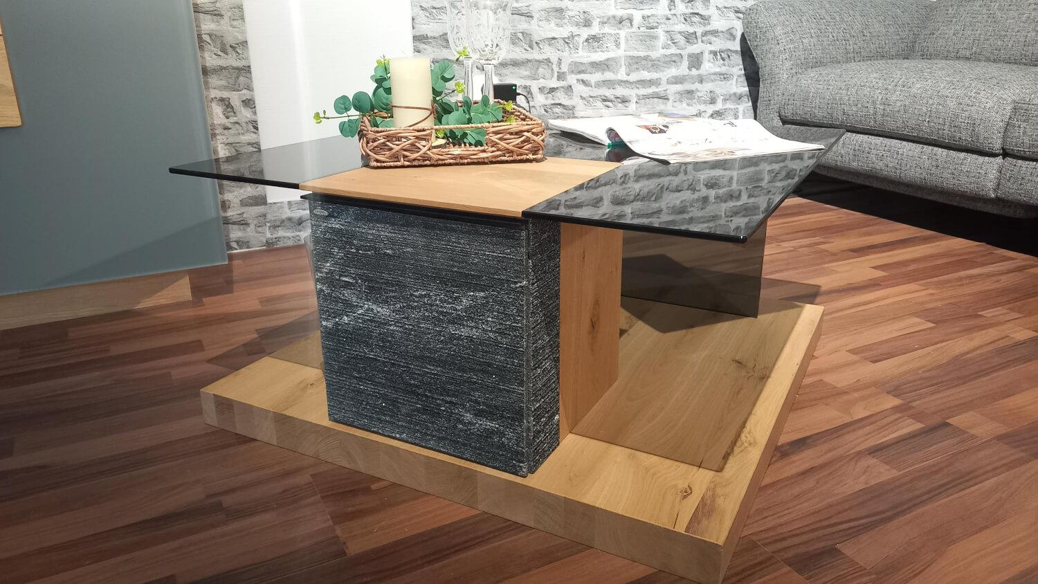Voglauer - Coffee table V Rock ROC88 Old oak rustic and natural stone granite graphite gray Top glass gray - 4