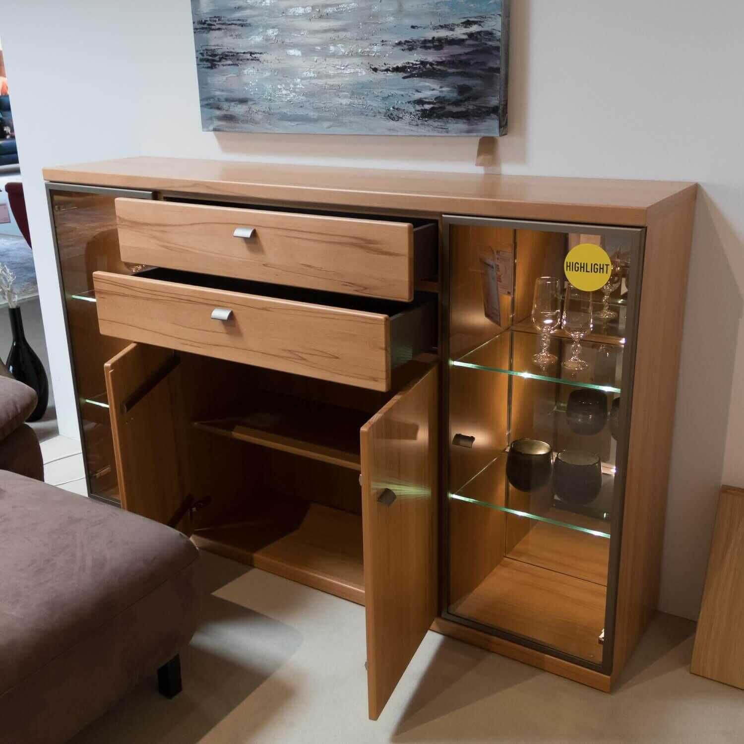Rietberger Möbelwerke - Highboard Largo Kernbuche Teilmassiv Mit Parsolglas Inklusive Beleuchtung - 3