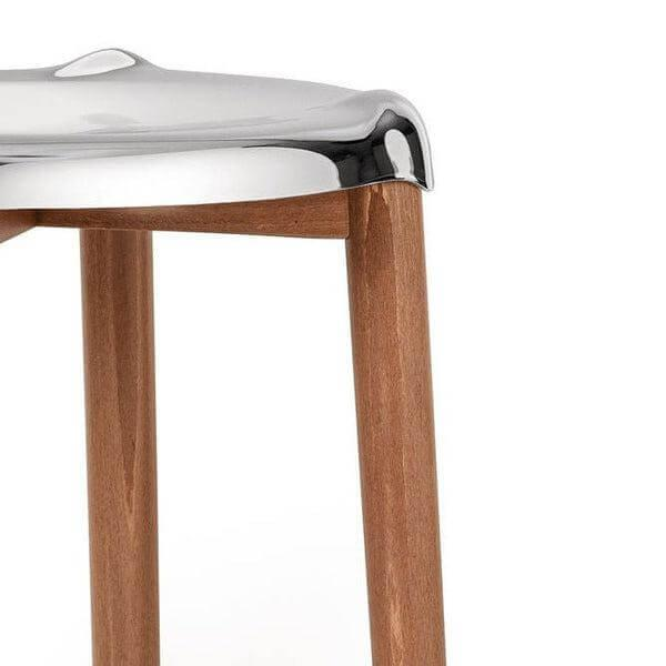 Hocker Poele Low Edelstahl Poliert Gestell Buche Braun Getönt