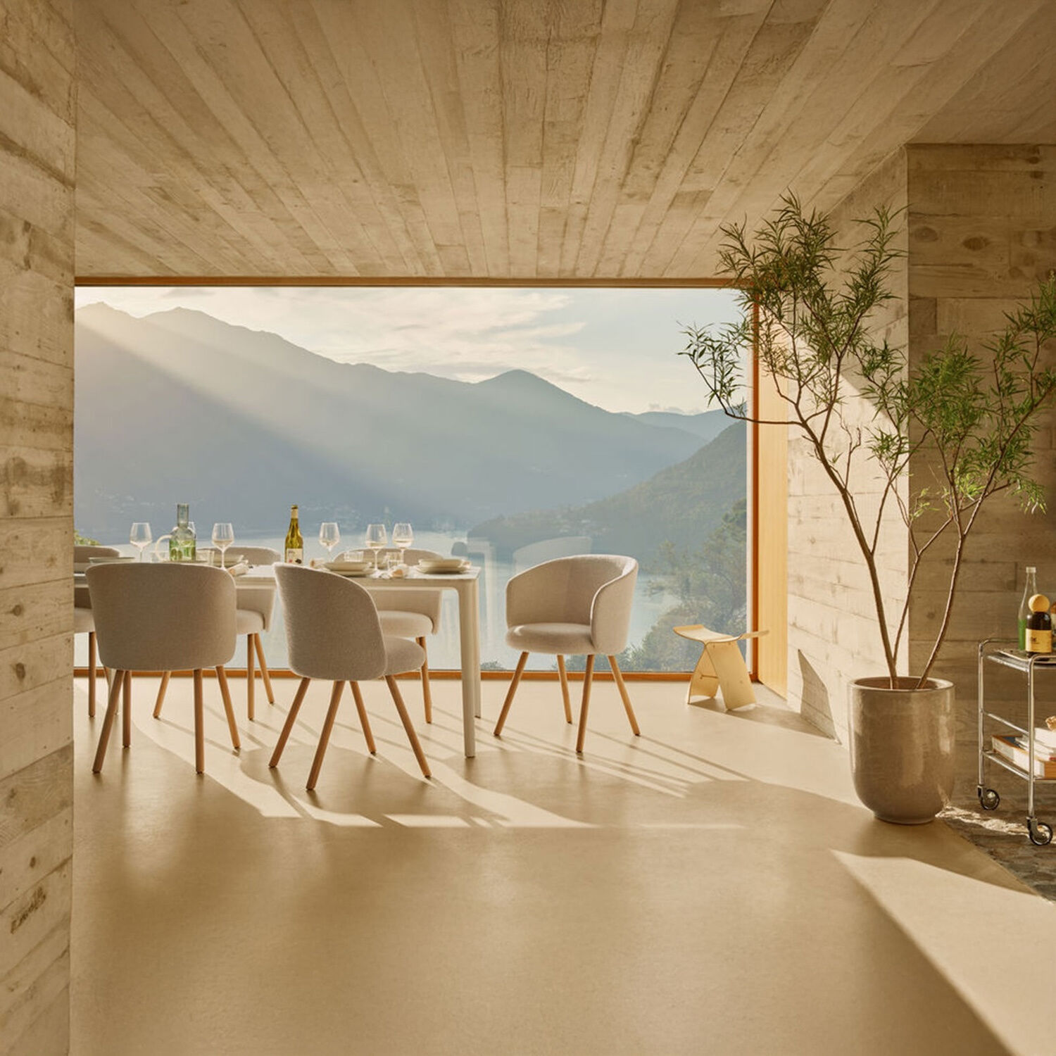 Vitra - 4er-Set Armstühle Mikado Stoff Dumet Salbei/Stahlblau Grün Blau Gestell Holz Eiche Natur - 4