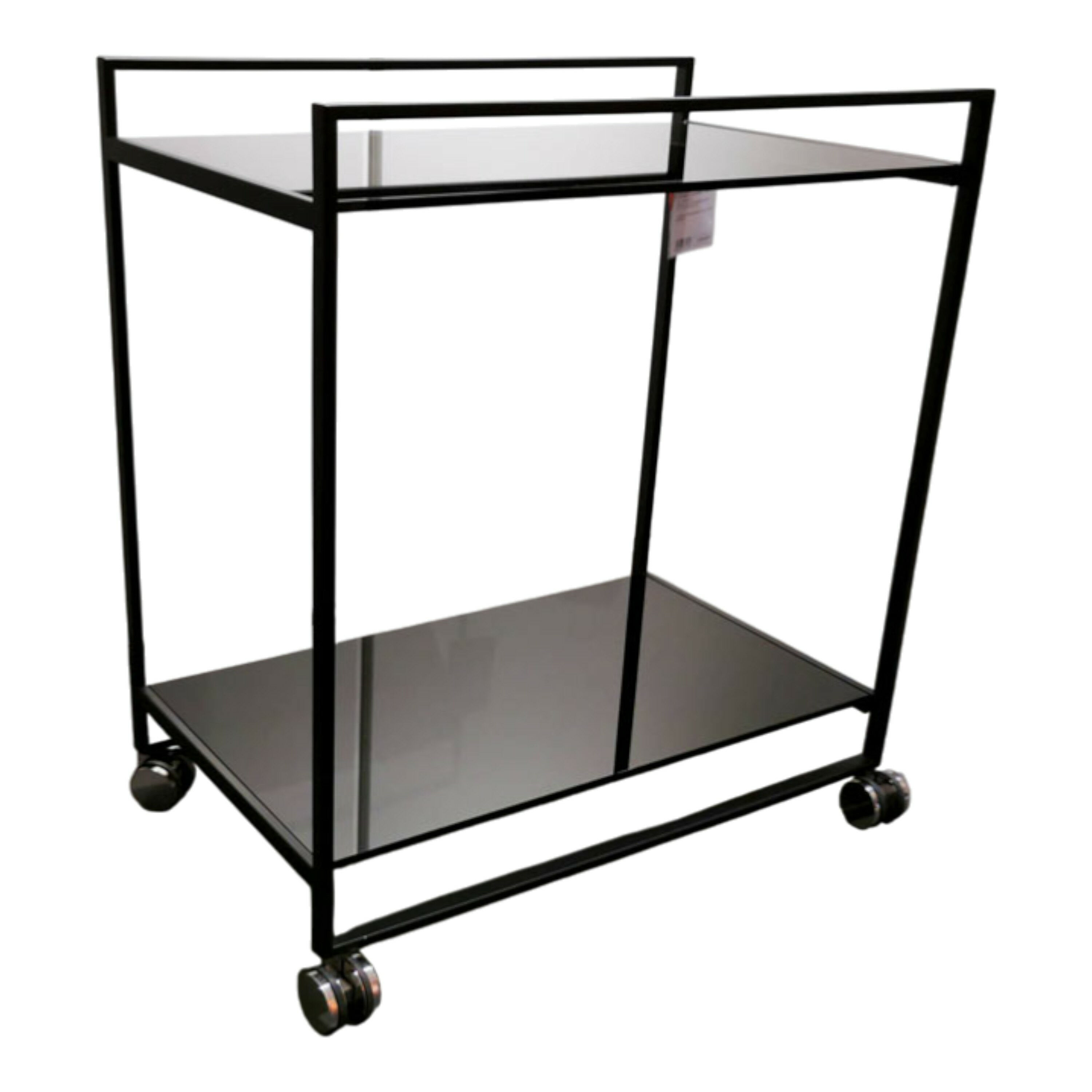 YOMEI - Servierwagen Flat Fix Ablegeplatte Glas Schwarz Gestell Edelstahl Schwarz Pulverlackiert mit Rollen - 1