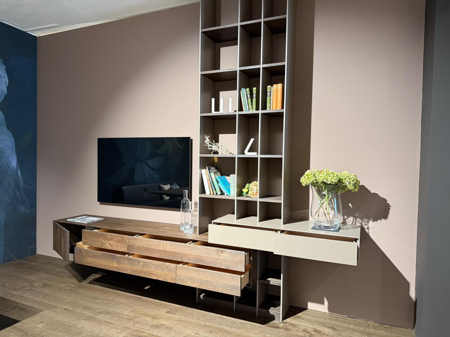 Anrei - Wohnwand Puro Asteiche Gebürstet Tabak Geölt Ladenelement Und Regal Lackiert Steingrau Grau Matt - 5