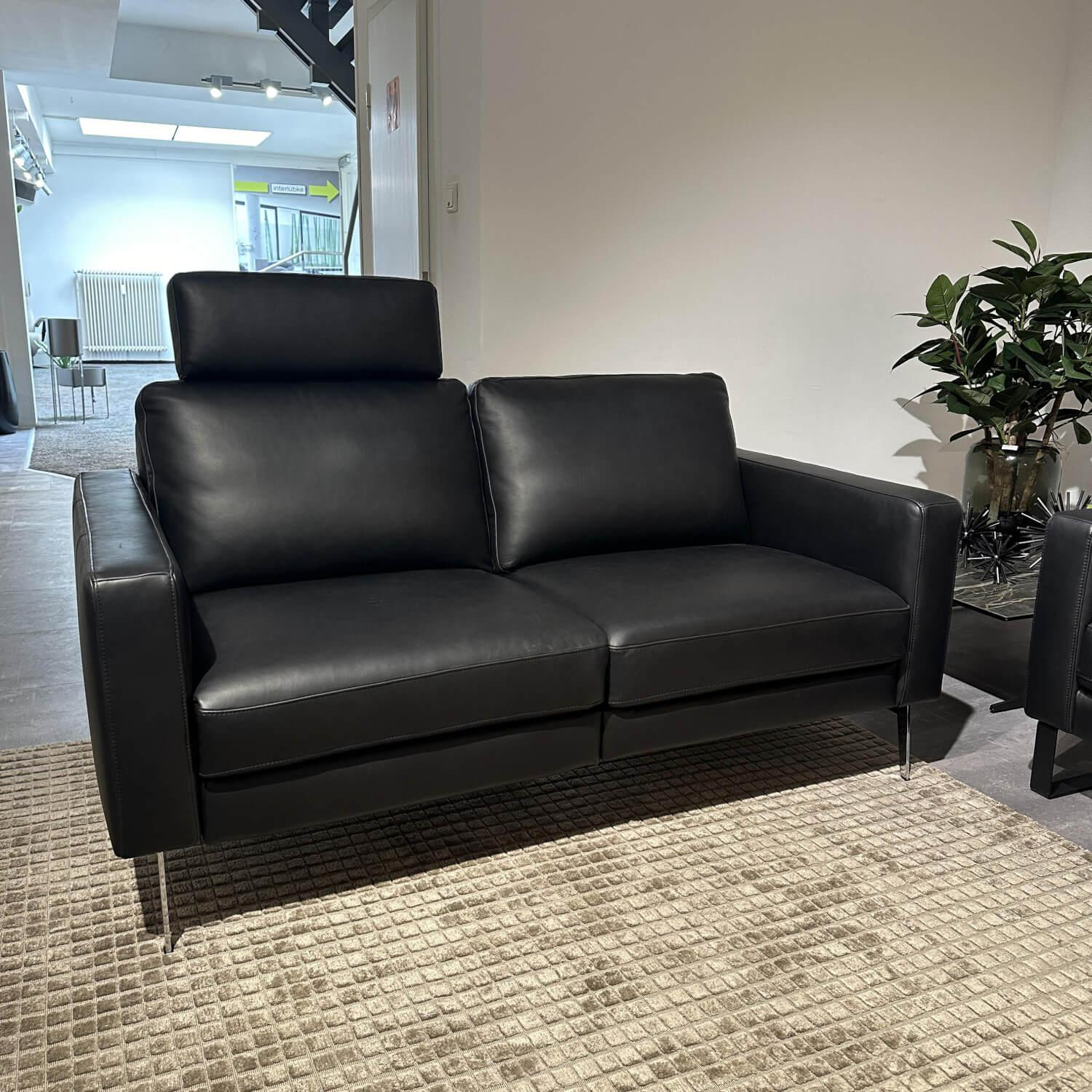 Contur - Sofa Enna Leder L40 Rancho Nero WR51 Schwarz Metallkufe Metallfuß Chrom Mit Kopfstütze - 8