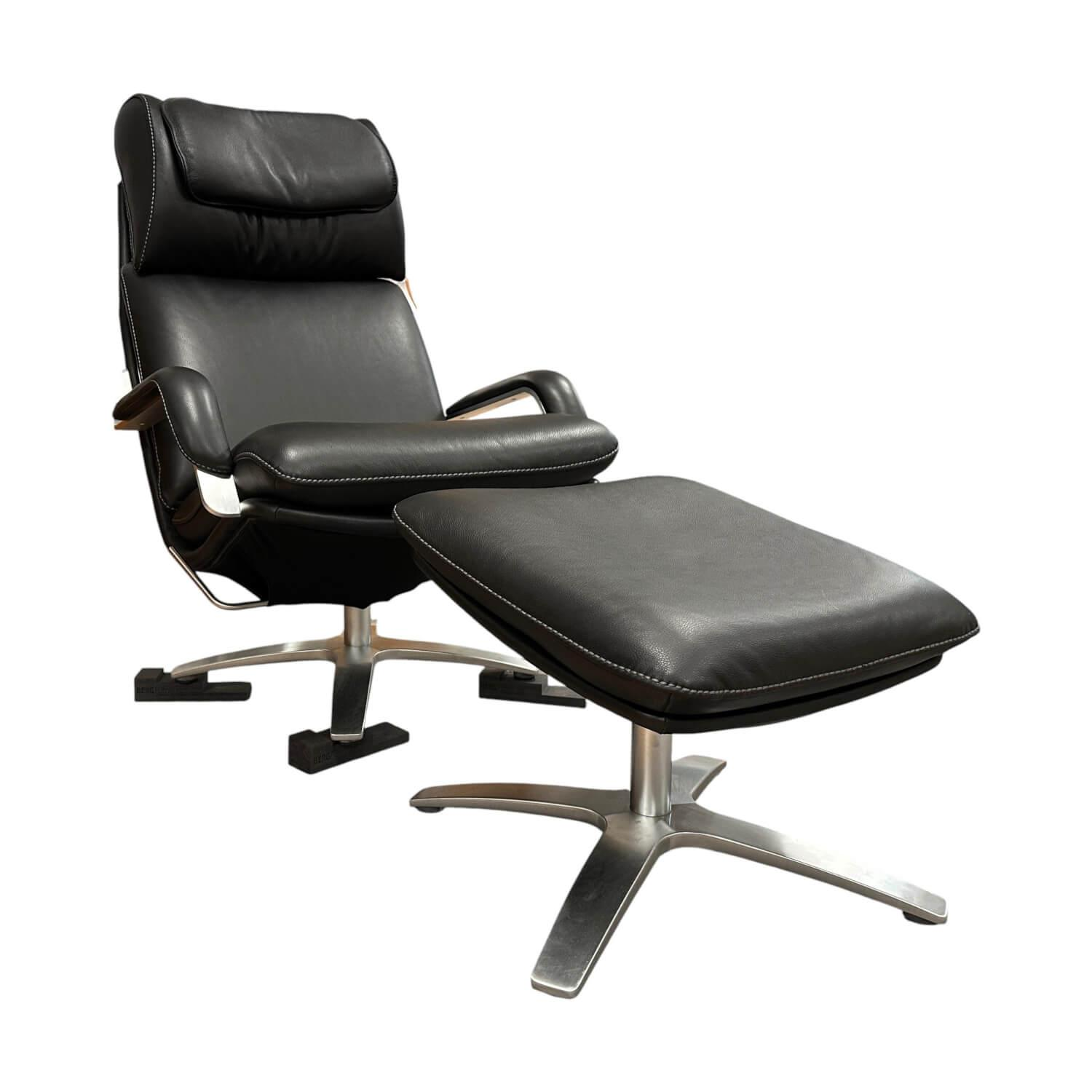 Berg Furniture - Sessel Nasa Hoch Leder Rustical 99991 Schwarz Sternfuß Aluminium Matt Mit Wippfunktion Inklusive Hocker - 1