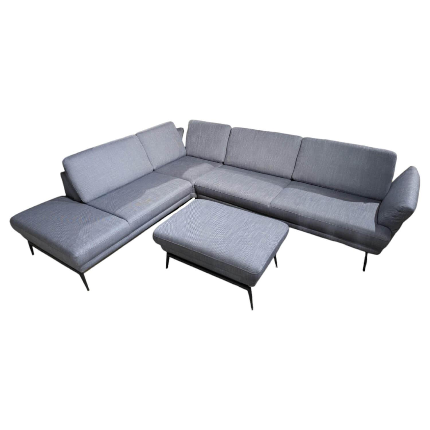 Gruber - Ecksofa Caruba Stoff Elsass Blau Gestell Aluminium Füße  Pulverbeschichtet Aluminium Schwarz Mit Manuellen Verstellungen Inklusive Hocker - 1