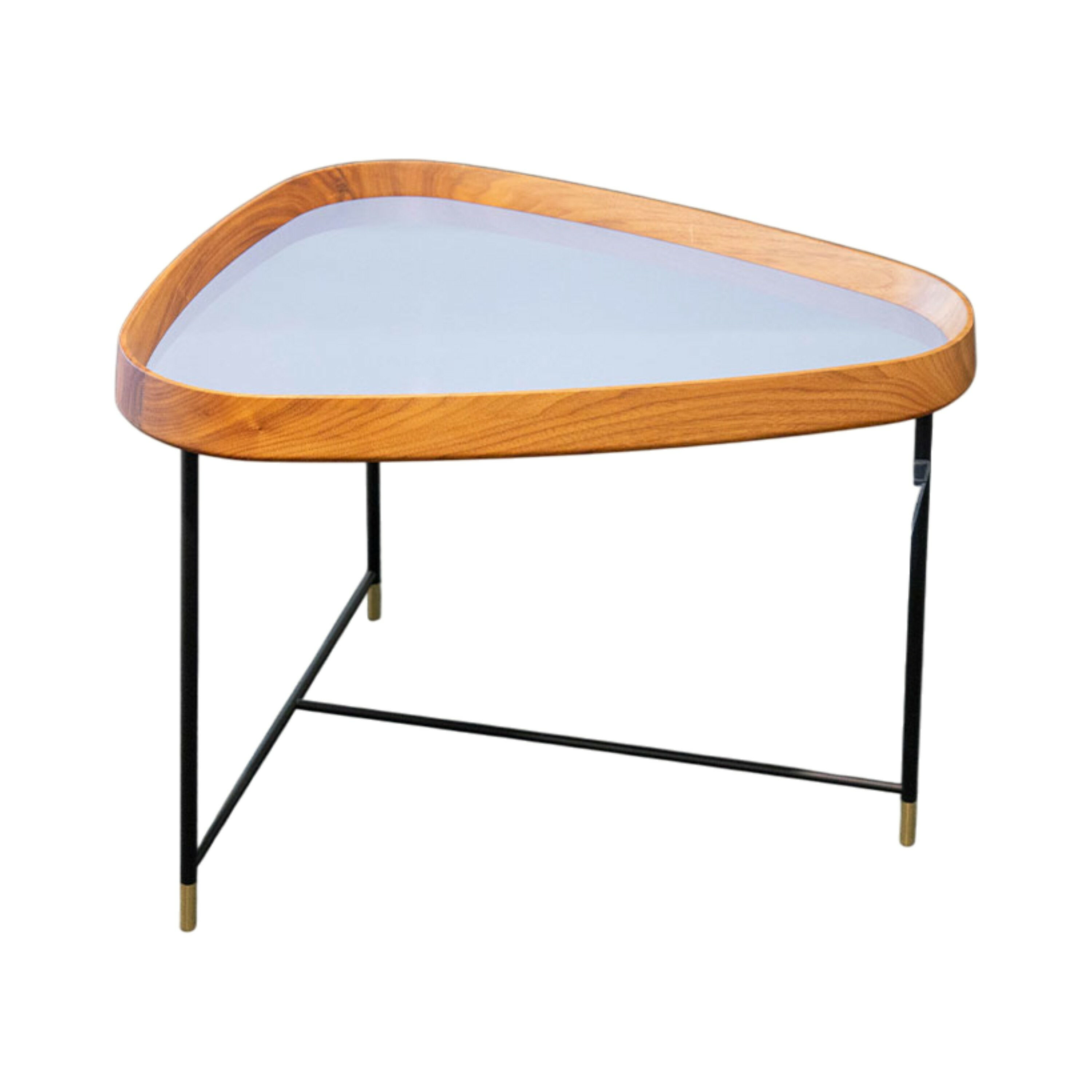 Porada - Beistelltisch Fritz 3 Platte Nussbaum Canaletta Glas Blau Hinterlackiert Gestell Metall Schwarz - 1