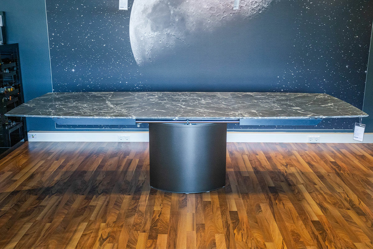 Draenert - Esstisch Adler Platte Stein Valentine Grey Grau Geledert Sockel Metall Dunkelbronze Mit Auszug - 6