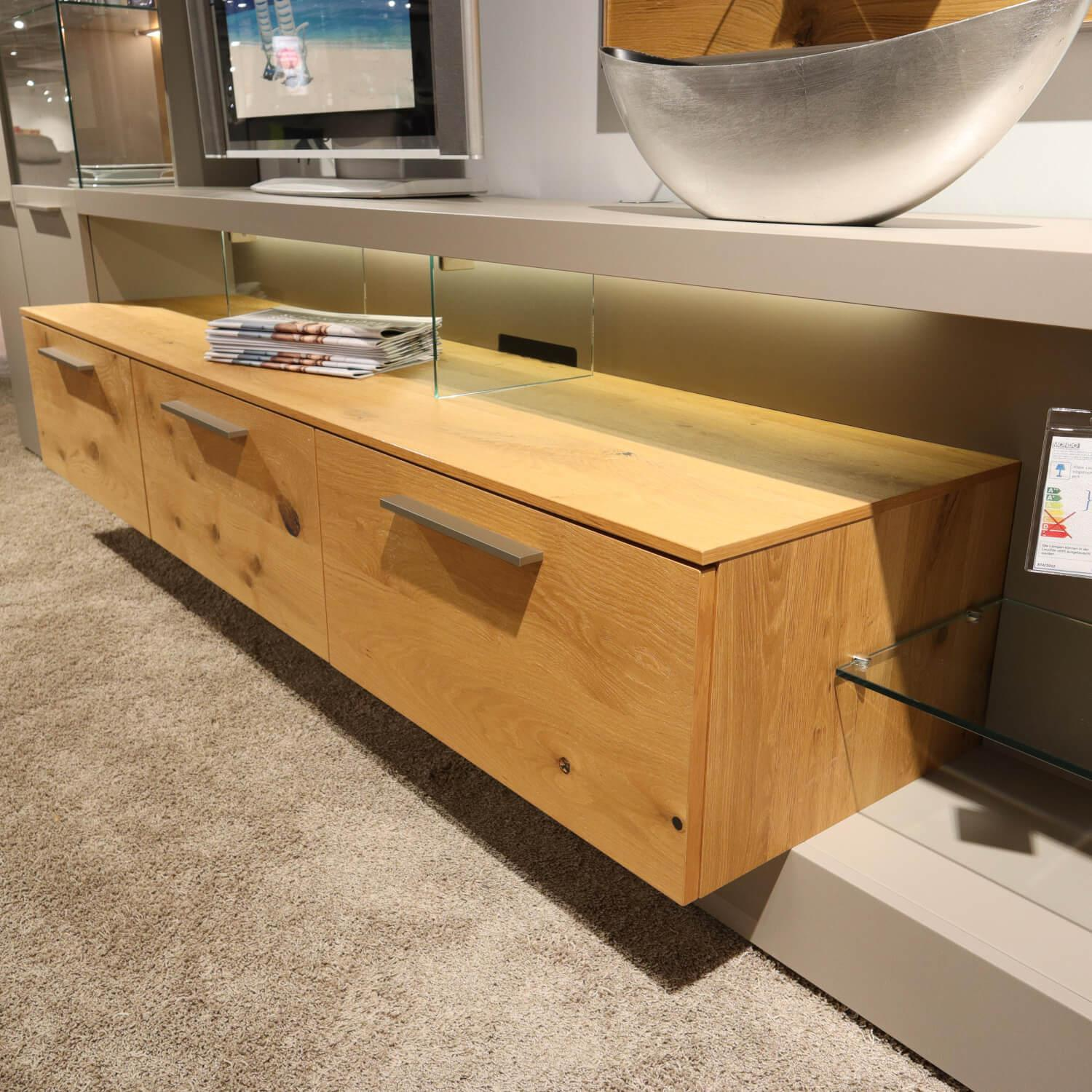 Gwinner - Wohnwand Braviso Lack Seidenmatt Fango Akzente Balkeneiche Honig Griff Edelstahlfarben - 12