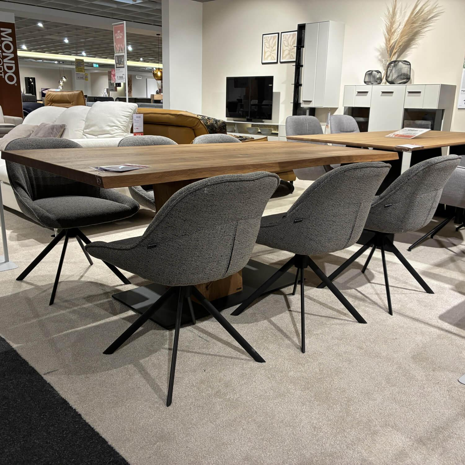 Musterring - Essgruppe Trevio Kerneiche Platte Säule Riffholz Bodenplatte Lack Anthrazit Mit 6 Stühlen Stoff Grau Meliert Drahtgestell Anthrazit Mit Drehfunktion - 6