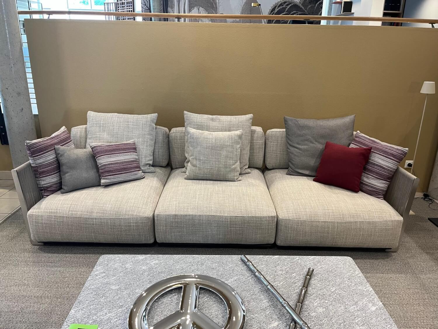 Flexform - Outdoor Sofa Vulcano Stoff Cora N A117 C Grau Geflecht Kordel Sand 8001 Grau Metallgestell Elektropoliert Mit Kissen - 6