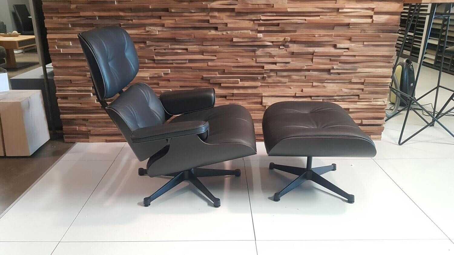 Sessel Lounge Chair Leder Premium L40 Nero Esche Schwarz mit Hocker